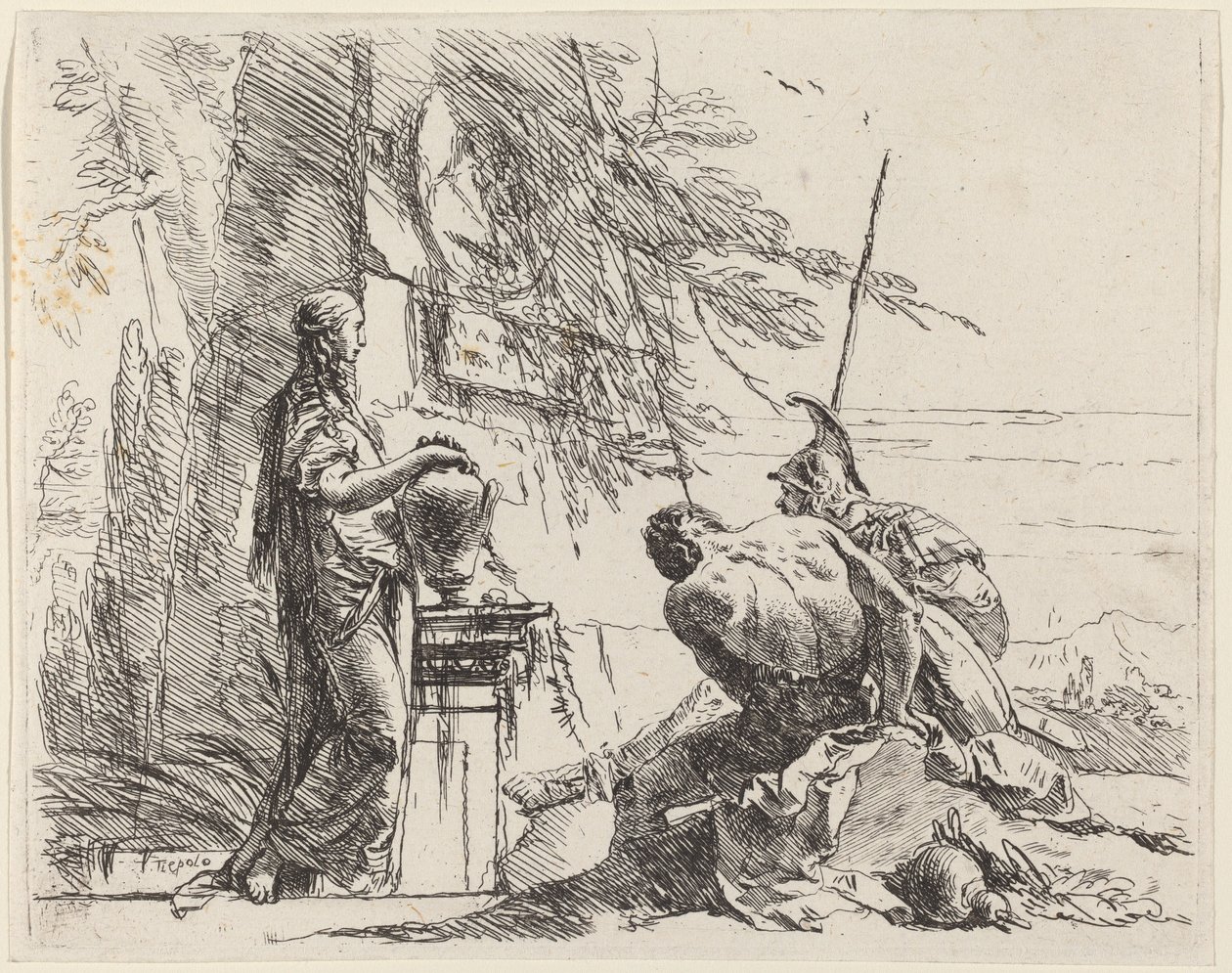 Mujer de pie y hombres sentados frente a un obelisco de Giovanni Battista Tiepolo