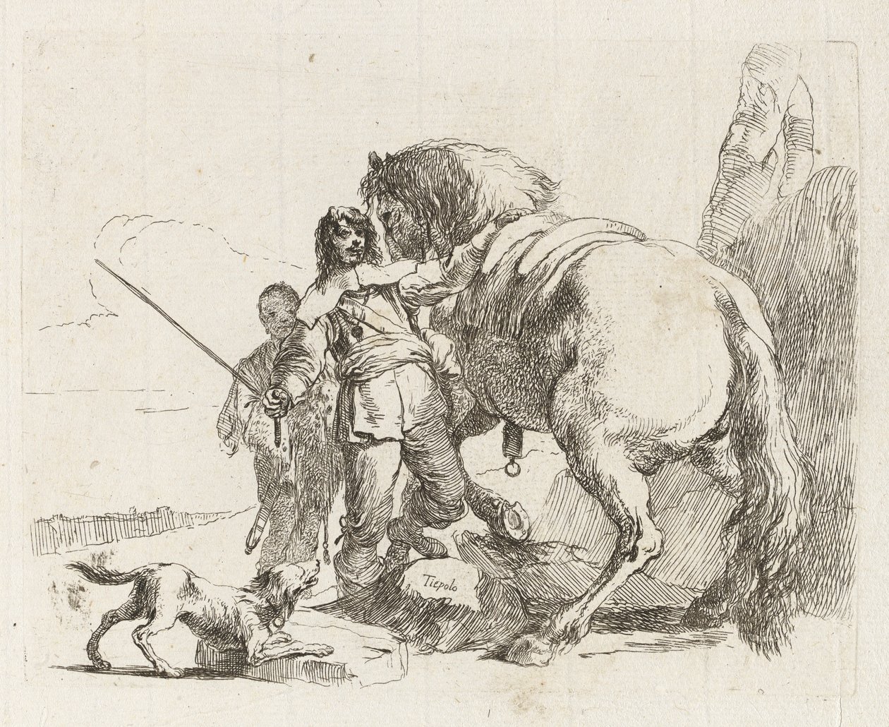 El jinete de pie junto a su caballo, de Vari capricci (Varios Capriccios) de Giovanni Battista Tiepolo