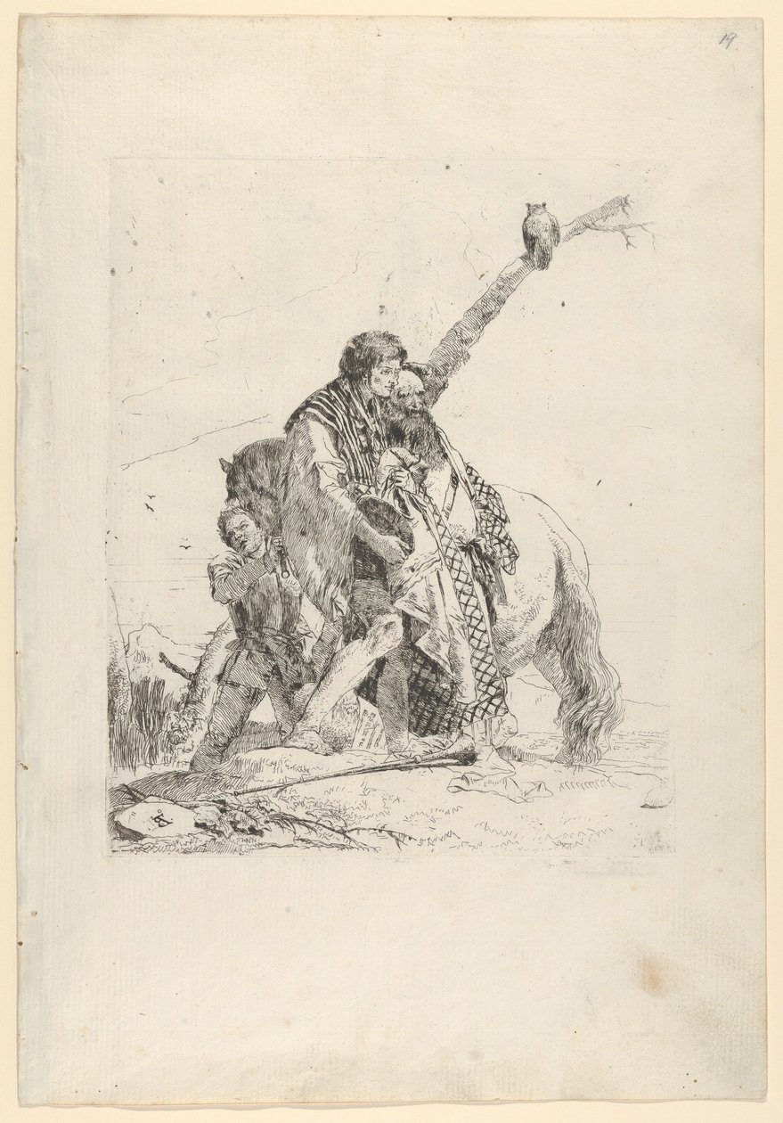 Tres hombres de pie junto a un caballo, de los Scherzi, ca. 1740 de Giovanni Battista Tiepolo