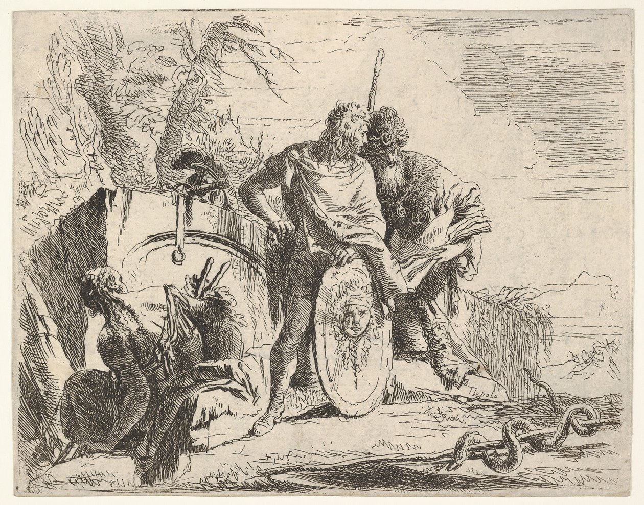 Tres figuras y una serpiente enrollada alrededor de un bastón, rodeadas por un paisaje de Giovanni Battista Tiepolo