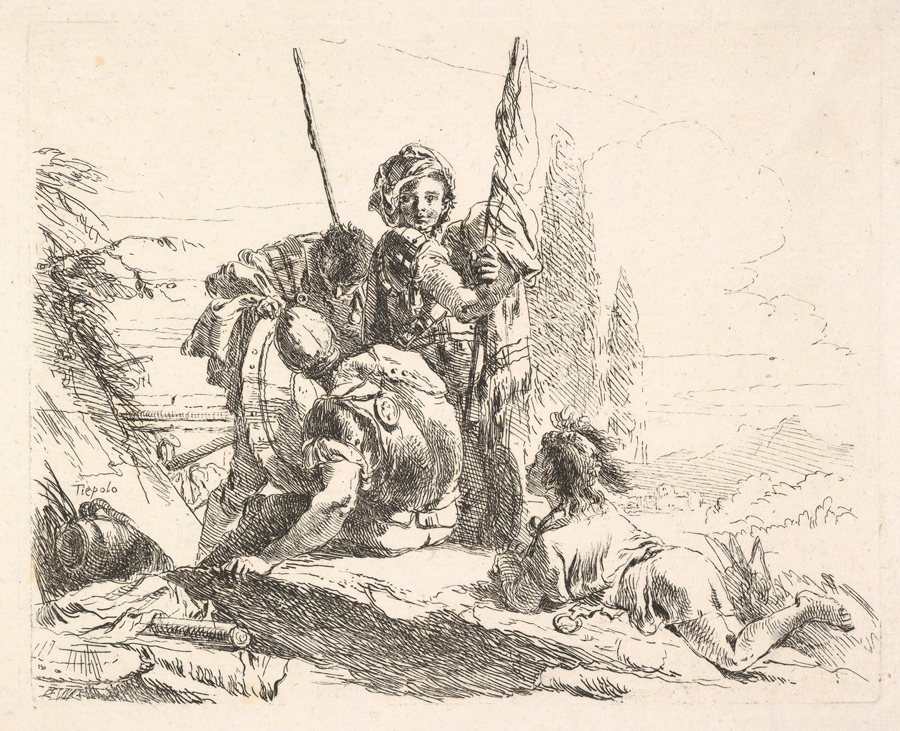 Tres soldados y un joven acostado sobre su abdomen en un paisaje, los soldados llevan una..., ca. 1740-42 de Giovanni Battista Tiepolo