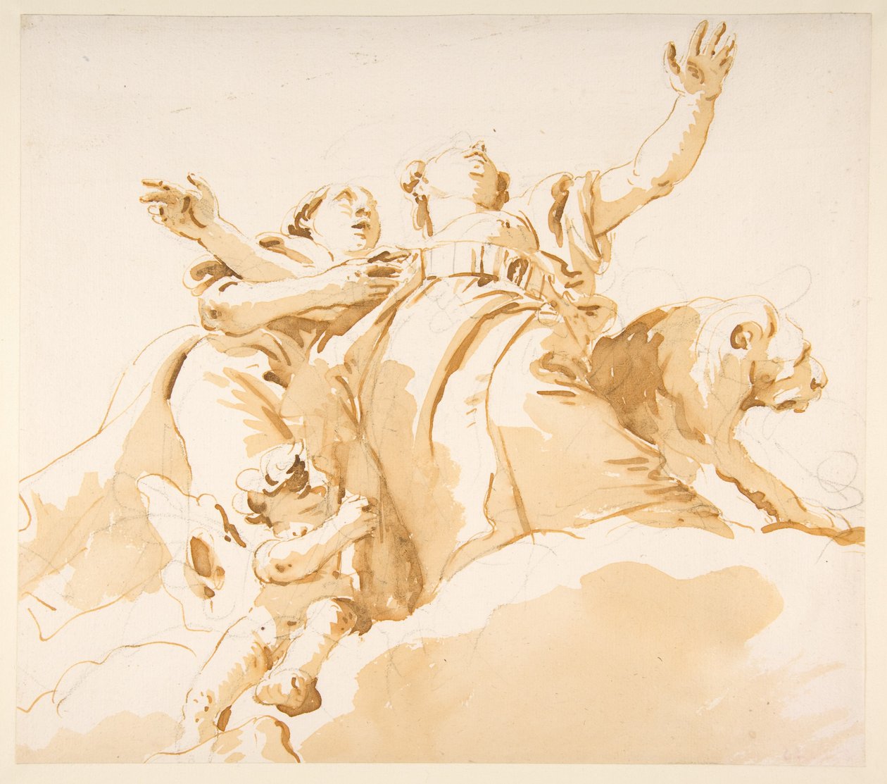 Zwei Frauen, ein Löwe und ein Putto auf Wolken de Giovanni Battista Tiepolo