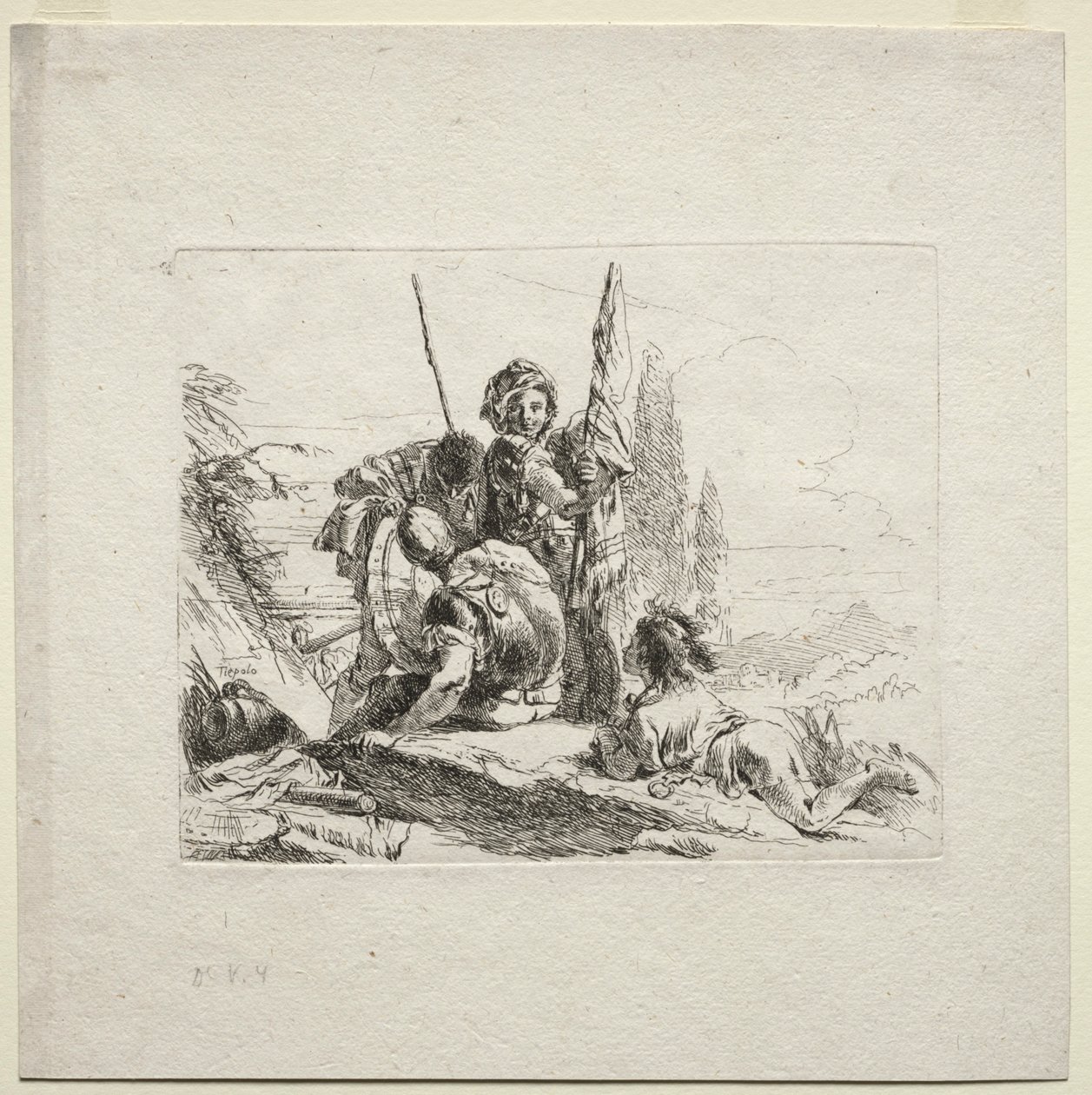 Varios caprichos: Los tres soldados y el niño, 1785 de Giovanni Battista Tiepolo
