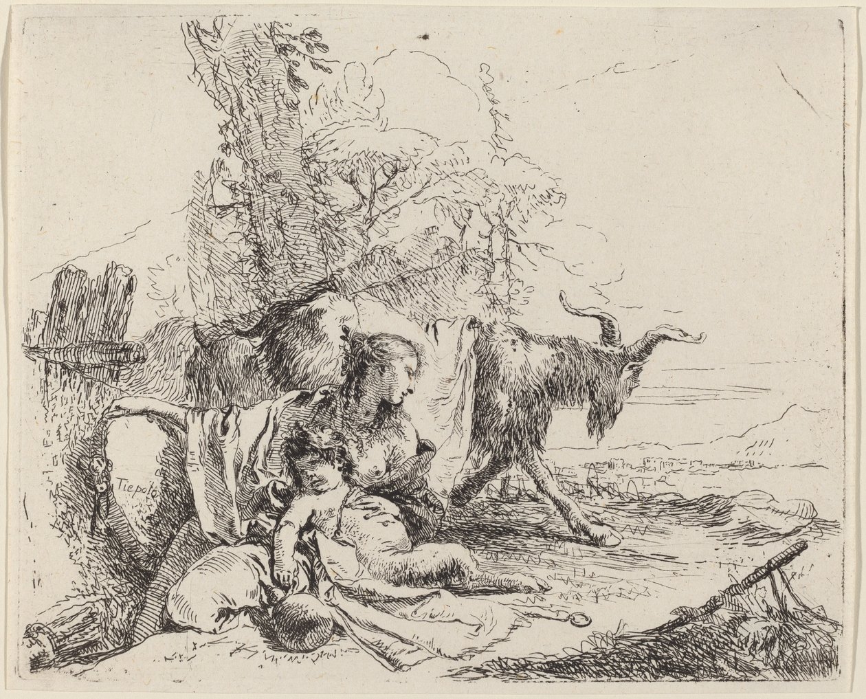 Mujer, niño sátiro y cabra en un paisaje de Giovanni Battista Tiepolo