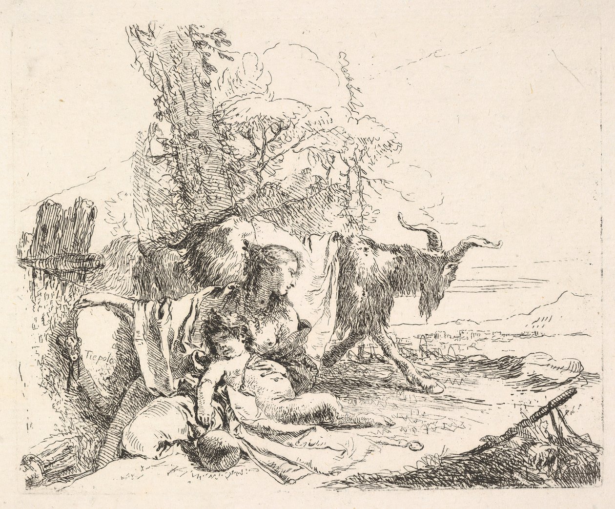 Mujer y sátiro infantil en un paisaje, la mujer girando para mirar sobre su hombro izquierdo de Giovanni Battista Tiepolo