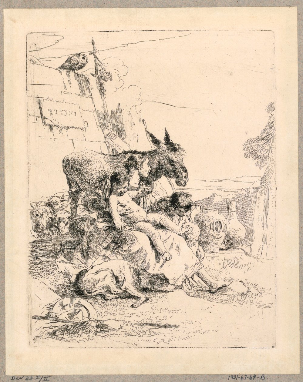 Mujer con dos niños y un burro, lámina 21 de los Scherzi di Fantasia de Giovanni Battista Tiepolo