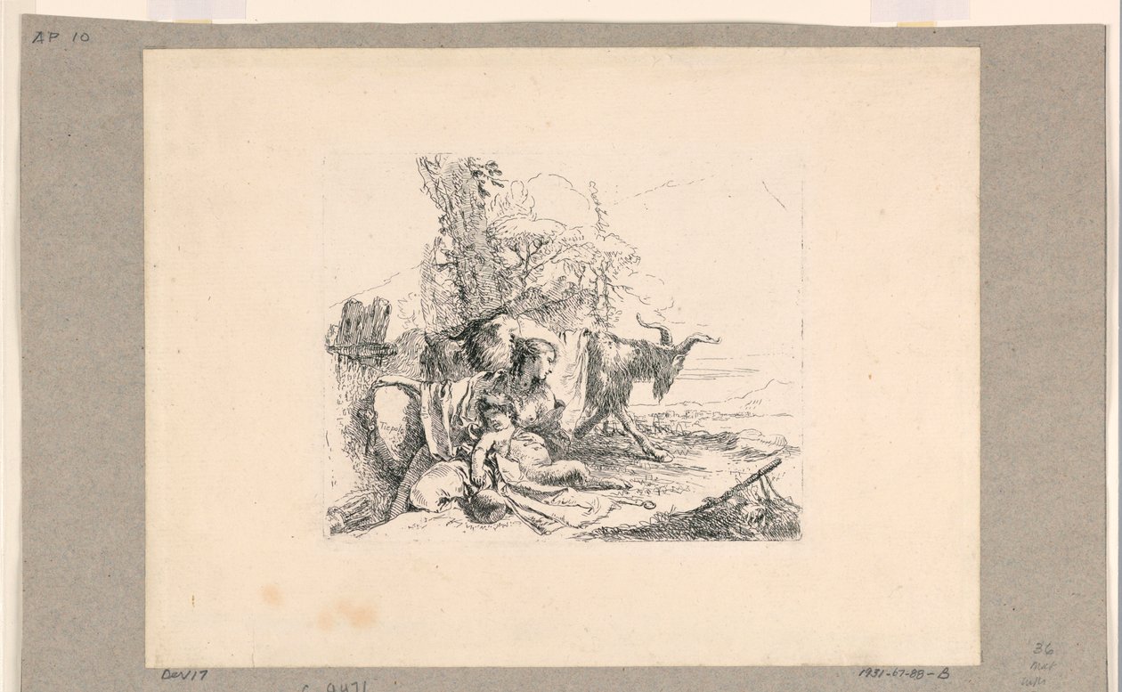 Mujer con un sátiro infantil, de los Vari Capricci de Giovanni Battista Tiepolo