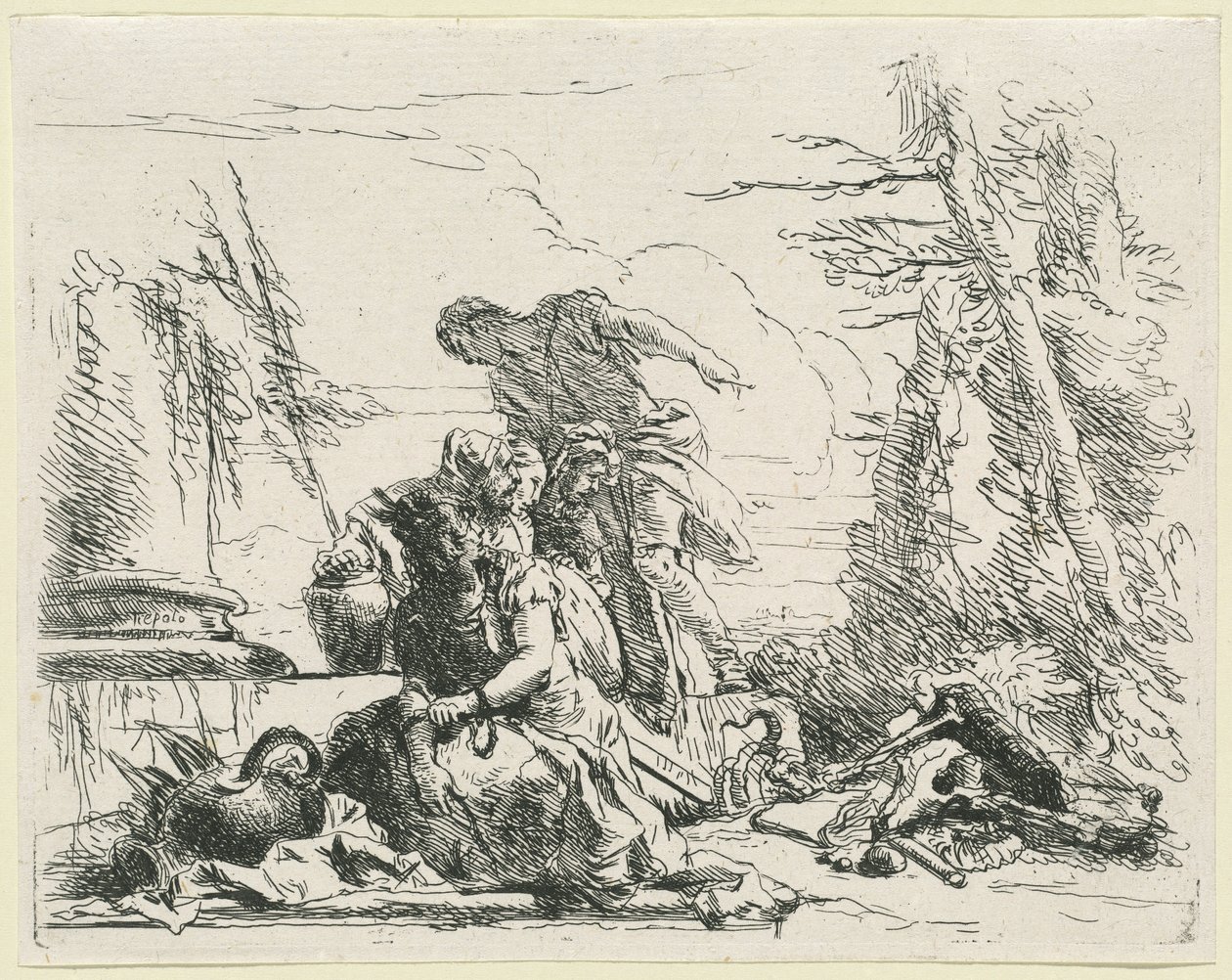 Mujeres y hombres observando una pira ardiente de huesos de Giovanni Battista Tiepolo