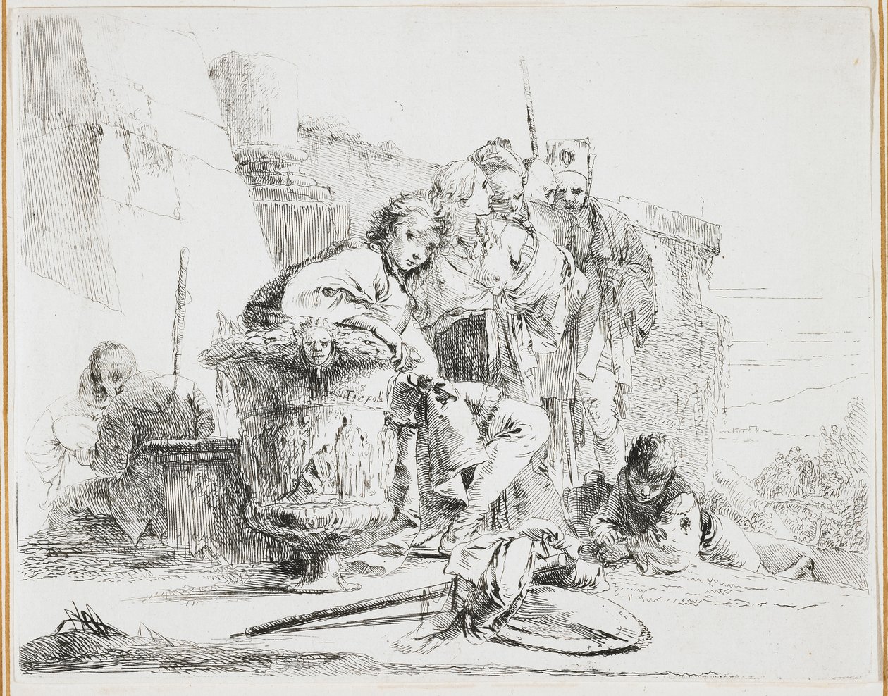 Joven sentado, apoyado en una urna, placa de Vari Capricci, 1740s de Giovanni Battista Tiepolo