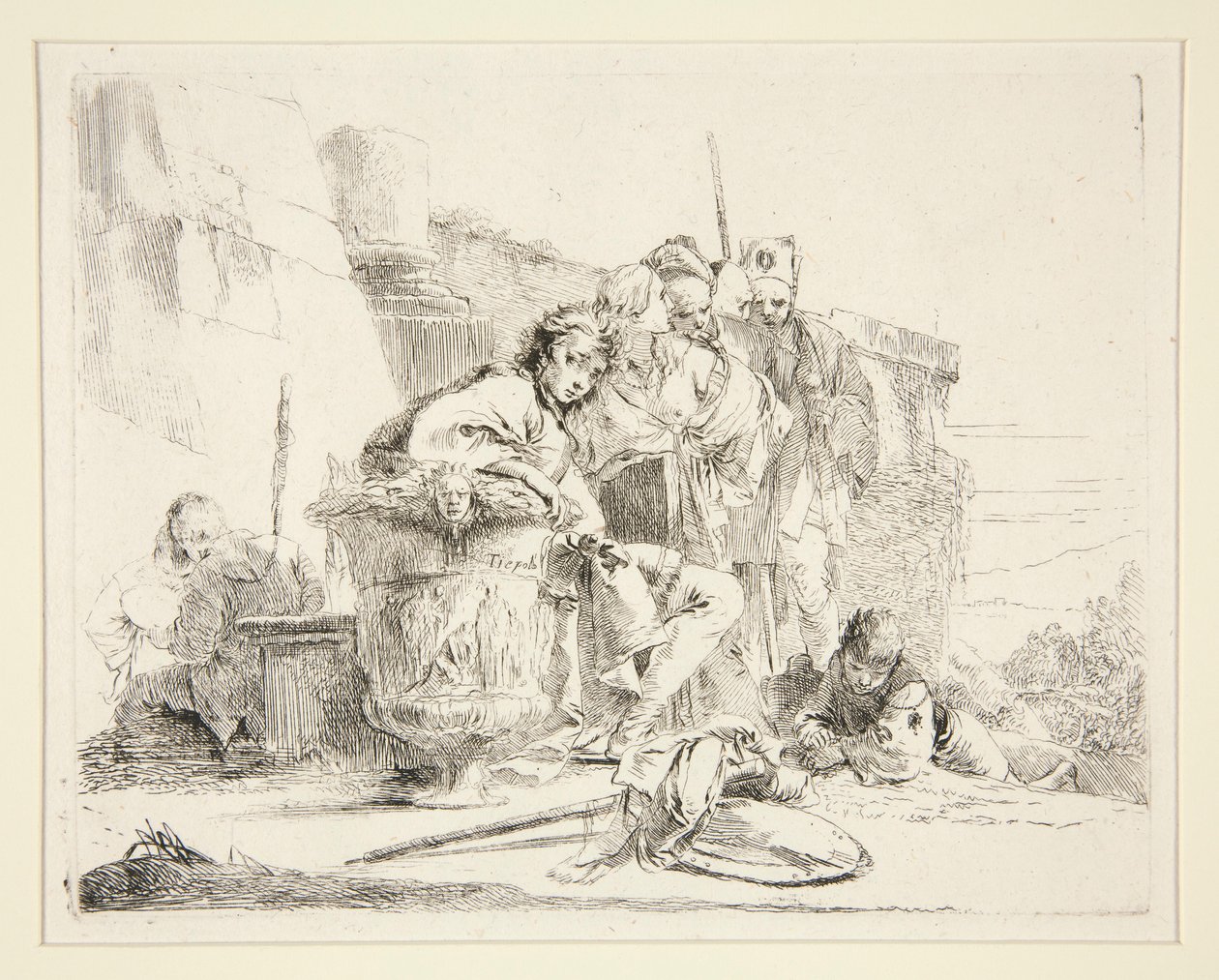 Joven sentado y apoyado en una urna, de la serie Vari Capricci de Giovanni Battista Tiepolo