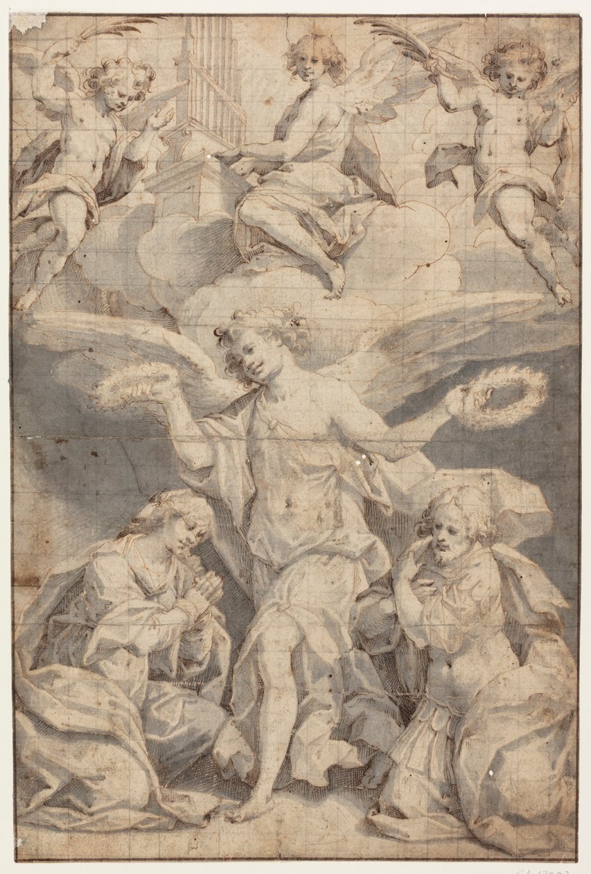 Un ángel corona a una mujer y a un soldado arrodillados, mientras dos ángeles en las nubes vienen volando con ramas de palma y un tercero toca el órgano de Giovanni Battista Trotti