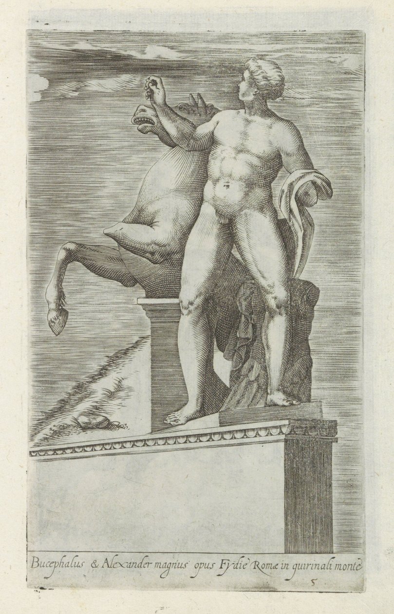 Sculptuur van een van de Dioscuren op het Quirinaal te Rome Bucéfalo y Alejandro la gran obra (...) (título sobre objeto) Antieke sculptn en Roma (título de la serie) Los íconos de las estatuas antiguas de la ciudad de Roma que se ven en lugares públicos ( de Giovanni Battista de