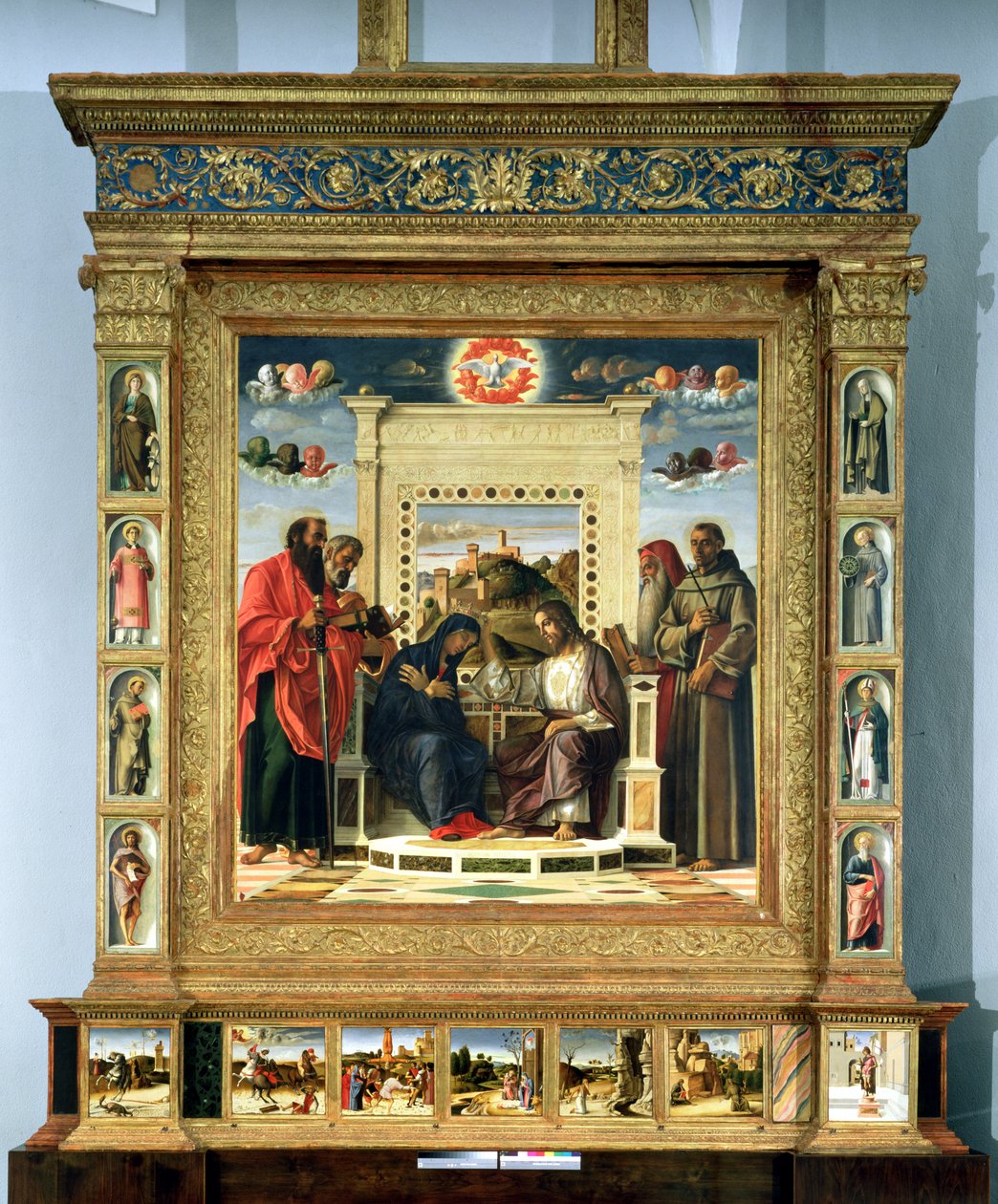Coronación de la Virgen con San Pablo, San Pedro, San Jerónimo y San Francisco de Asís con escenas de las vidas de los santos en el panel predela, conocido como el retablo Pala di Pesaro, c.1474 de Giovanni Bellini