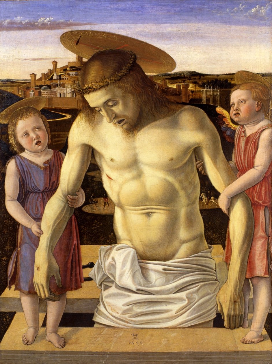 Italiano:  Cristo morto sorretto da due angeli Cristo muerto sostenido por dos ángeles de Giovanni Bellini