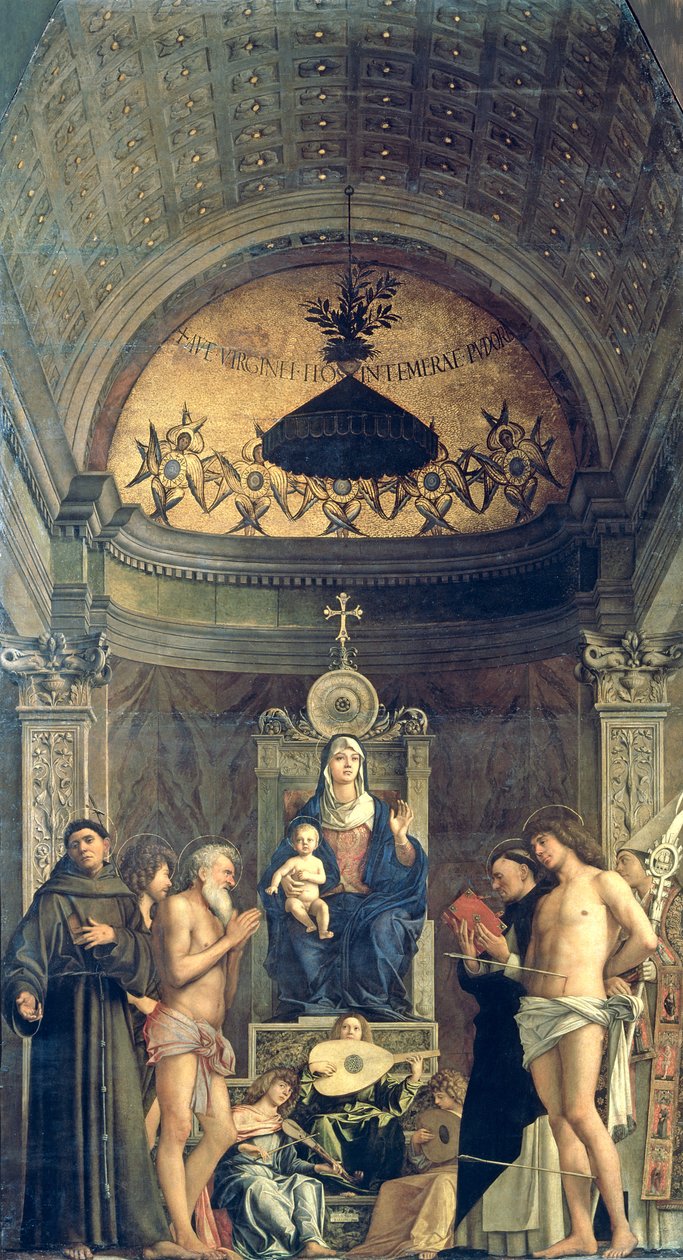 Madonna y el Niño entronizados entre San Francisco, San Juan Bautista, Job, Domingo, Sebastián y Luis (el retablo de San Giobbe) c.1487 de Giovanni Bellini