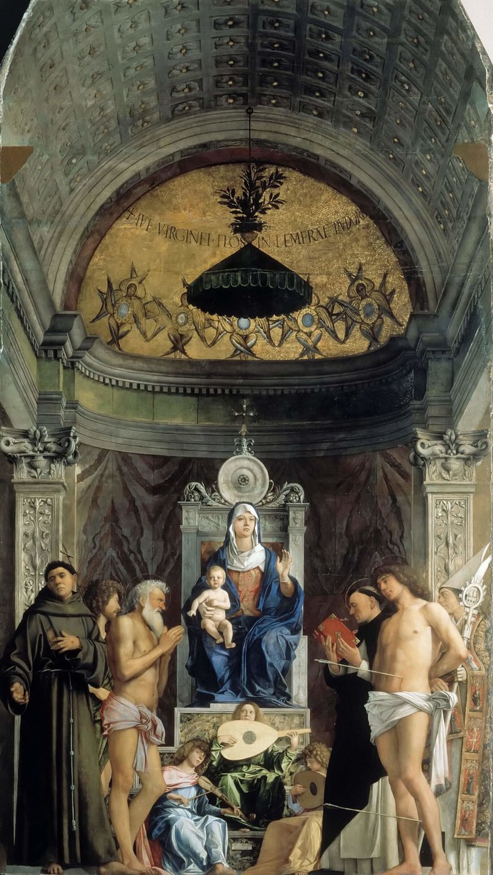 Madonna y el Niño, ángeles musicales y los Santos Francisco, Juan el Bautista, Job, Domingo..., ca 1487 de Giovanni Bellini