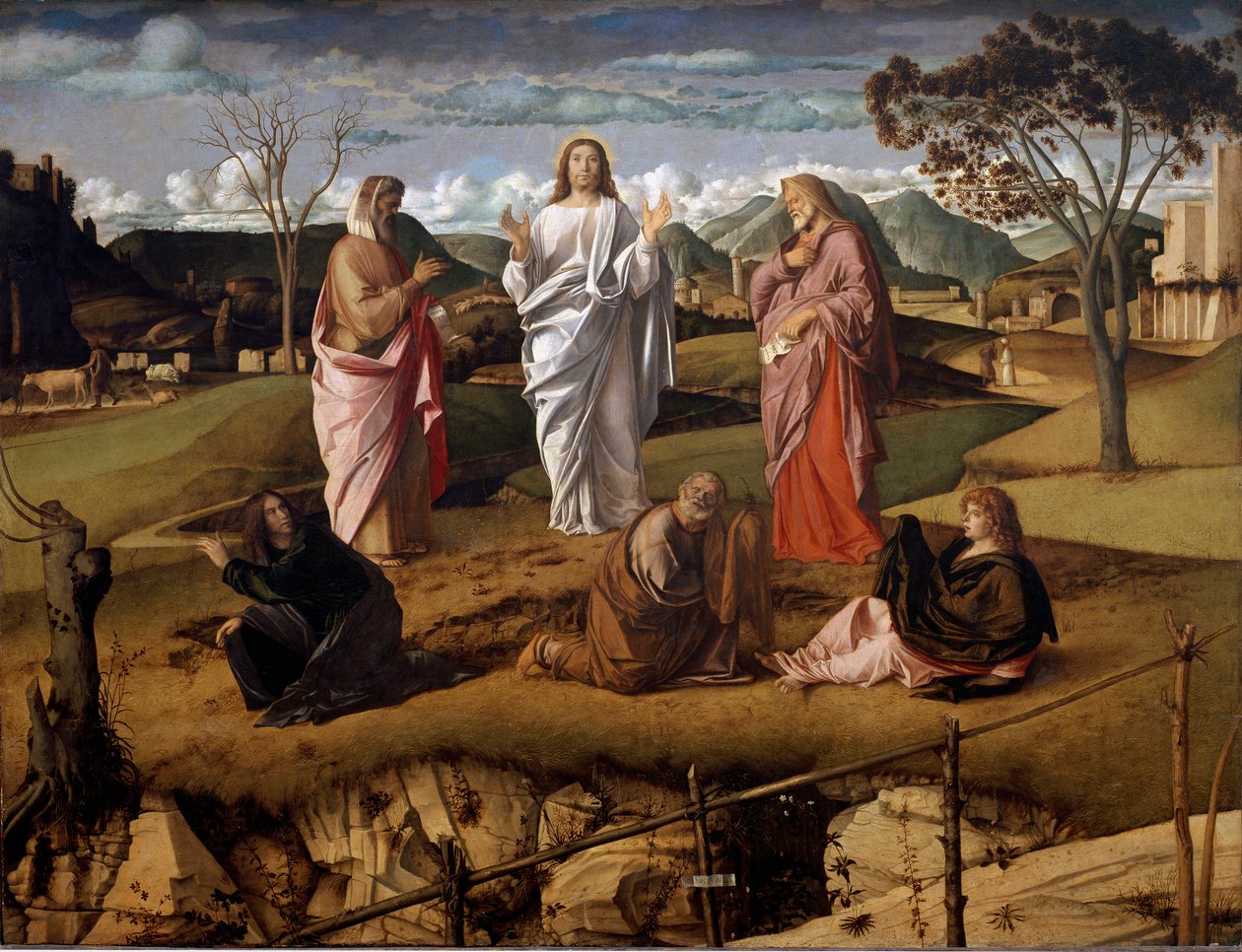 La transfiguración de Cristo. Los personajes del Antiguo Testamento Moisés y Elías están representados alrededor de Jesús de Giovanni Bellini