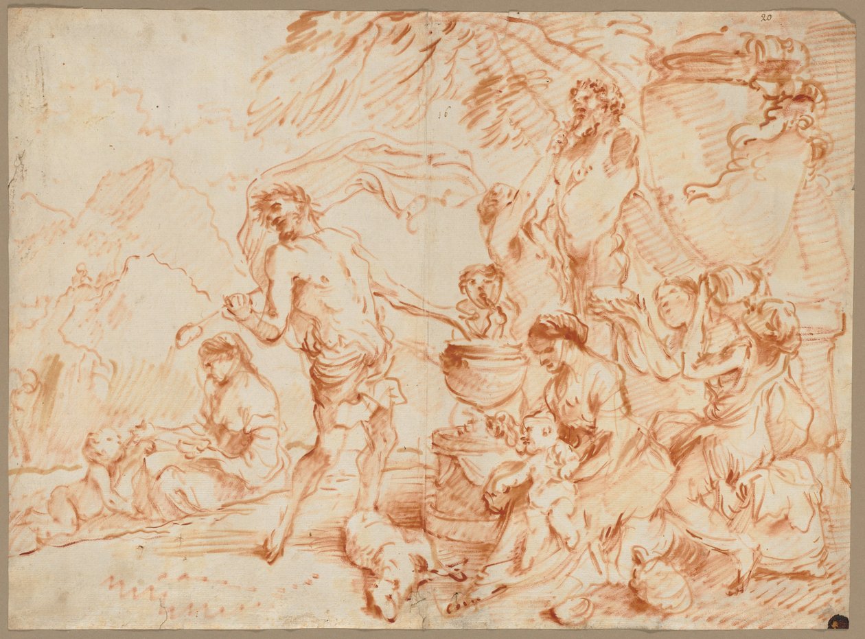 Bacanal ante un Herm, principios de la década de 1660 (óleo y pigmento pardo rojizo) de Giovanni Benedetto (1609 64) Castiglione