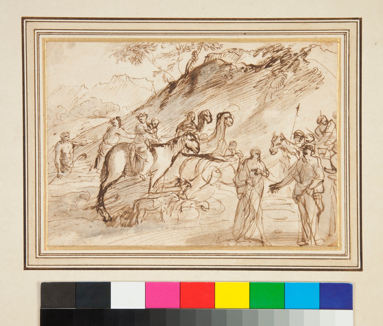 Encuentro entre Dos Hombres, Caballos y Camellos en el Fondo de Giovanni Benedetto Castiglione