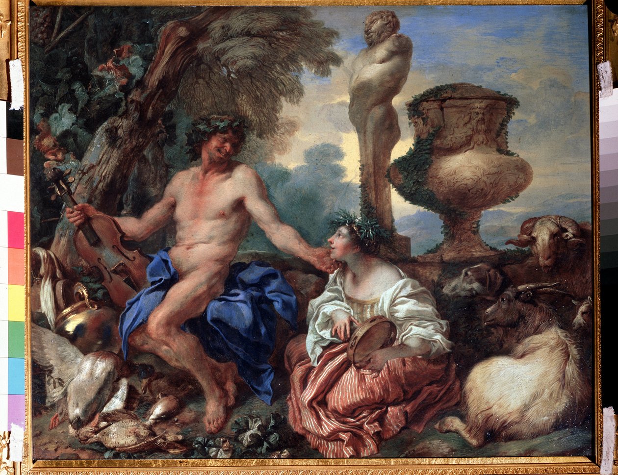 ""Escena pastoral, pastora y fauna"" (Escena pastoral. Fauno y pastora) Pintura de Giovanni Benedetto Castiglione (1610-1665) hacia 1650 Moscú, Museo de Bellas Artes Pushkin de Giovanni Benedetto Castiglione