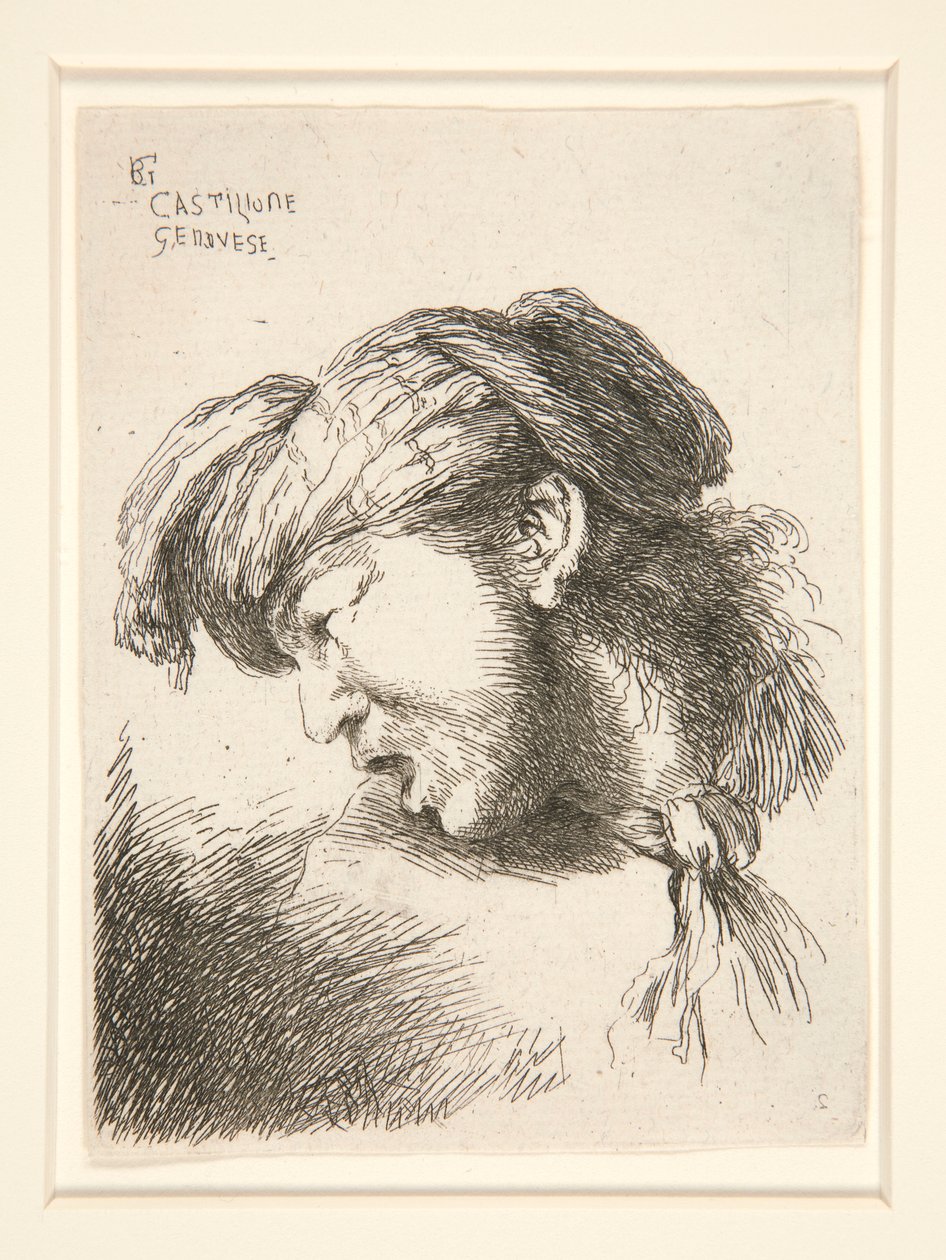 Un Hombre sin Barba, visto de perfil y girado a la derecha. Tiene la boca abierta como para gritar, de la serie Les petites tetes d de Giovanni Benedetto Castiglione