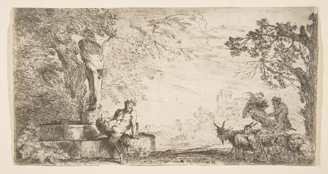 Un sátiro reclinado al pie de una estatua de Príapo, cabras a la derecha, ca. 1645-48 de Giovanni Benedetto Castiglione