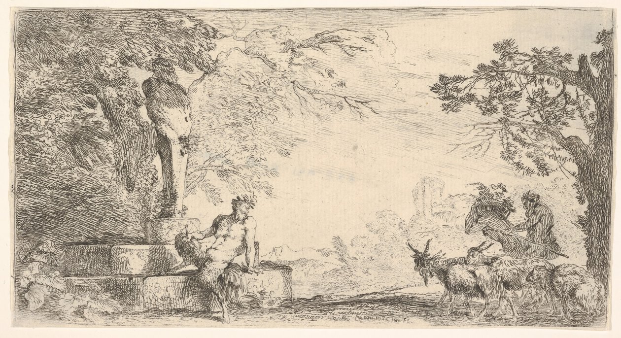 Un sátiro reclinado al pie de una estatua de Príapo, cabras a la derecha, ca. 1645-48 de Giovanni Benedetto Castiglione