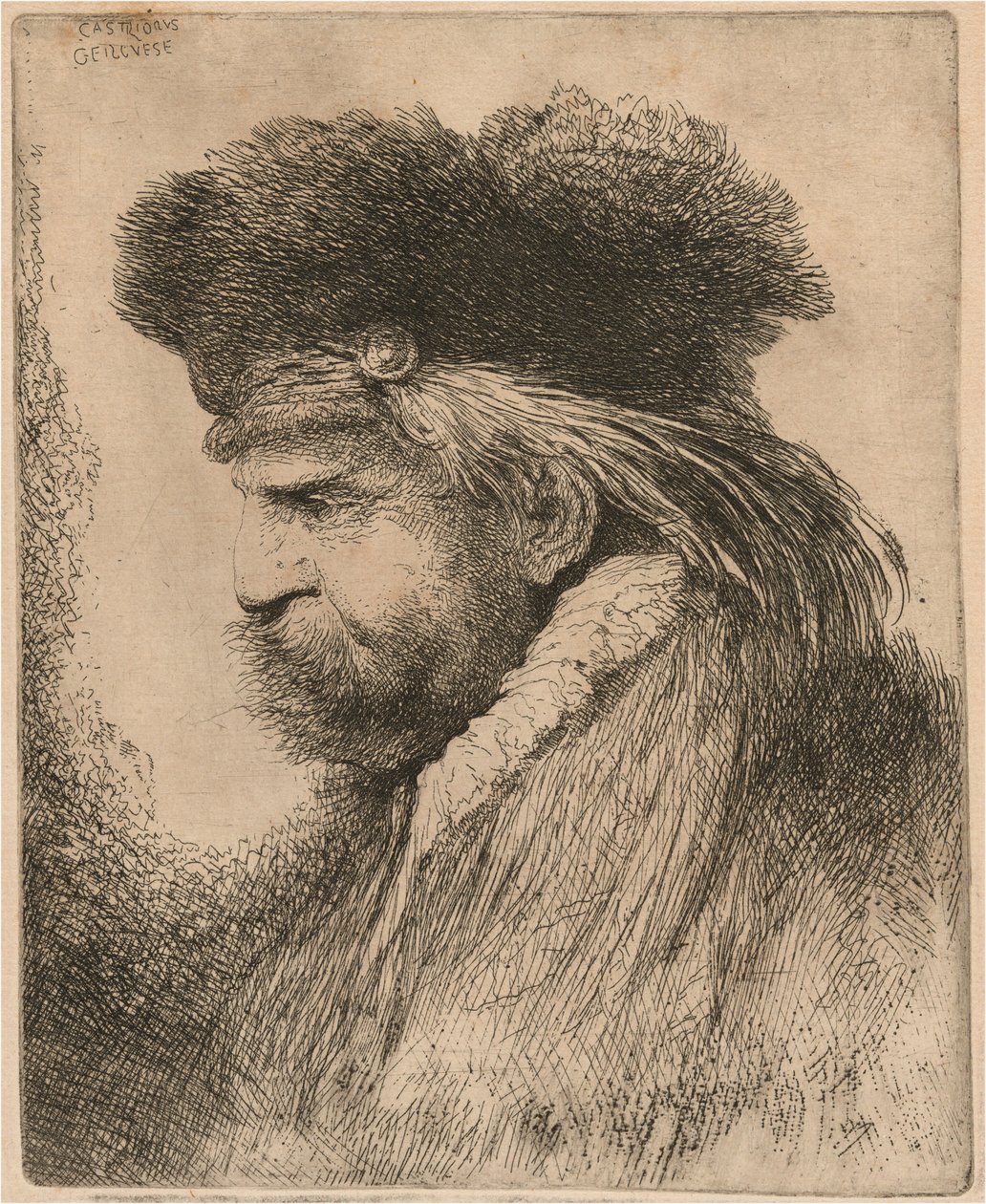 Hombre barbudo con gorro de piel, mirando a la izquierda de Giovanni Benedetto Castiglione
