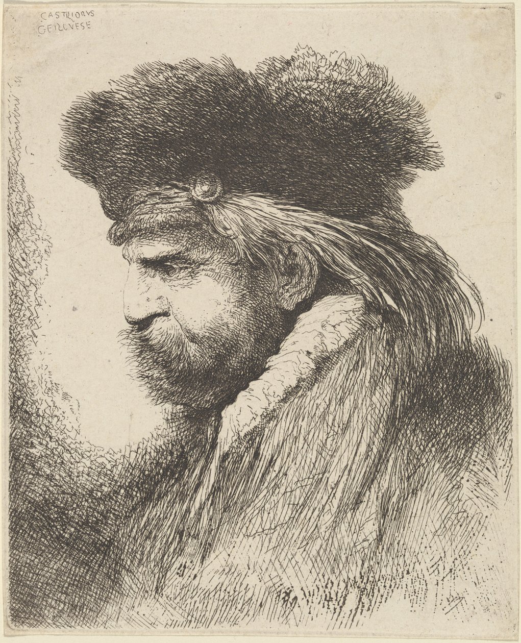 Hombre Barbudo con Gorro de Piel, Mirando a la Izquierda de Giovanni Benedetto Castiglione