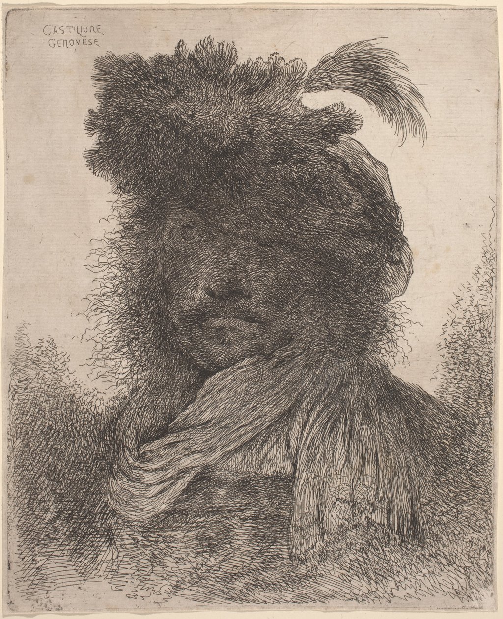 Hombre barbudo con rostro sombreado, usando una bufanda y un sombrero con pluma de Giovanni Benedetto Castiglione