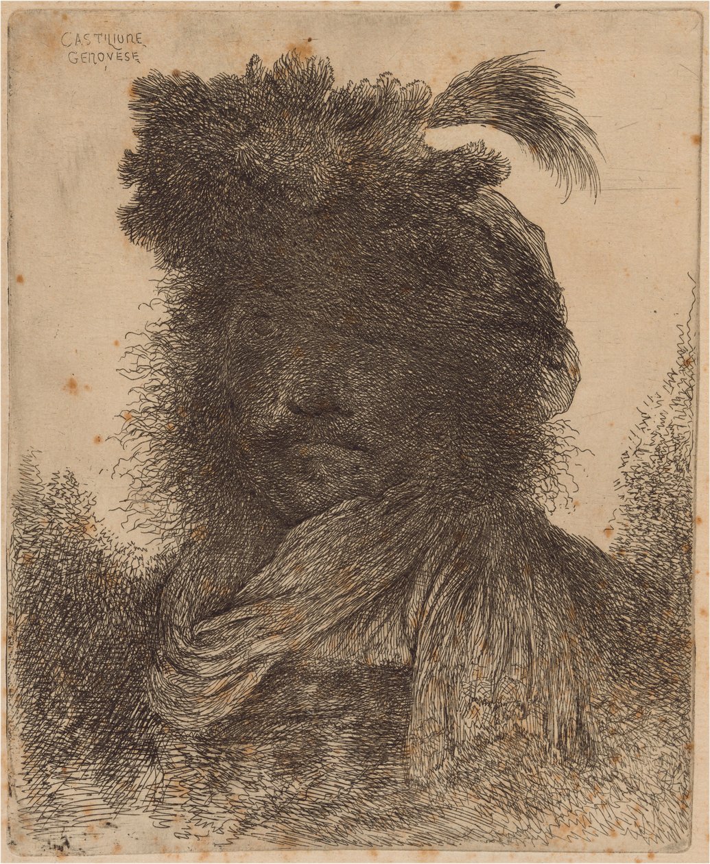 Hombre barbudo con cara sombreada, con bufanda y sombrero con pluma de Giovanni Benedetto Castiglione