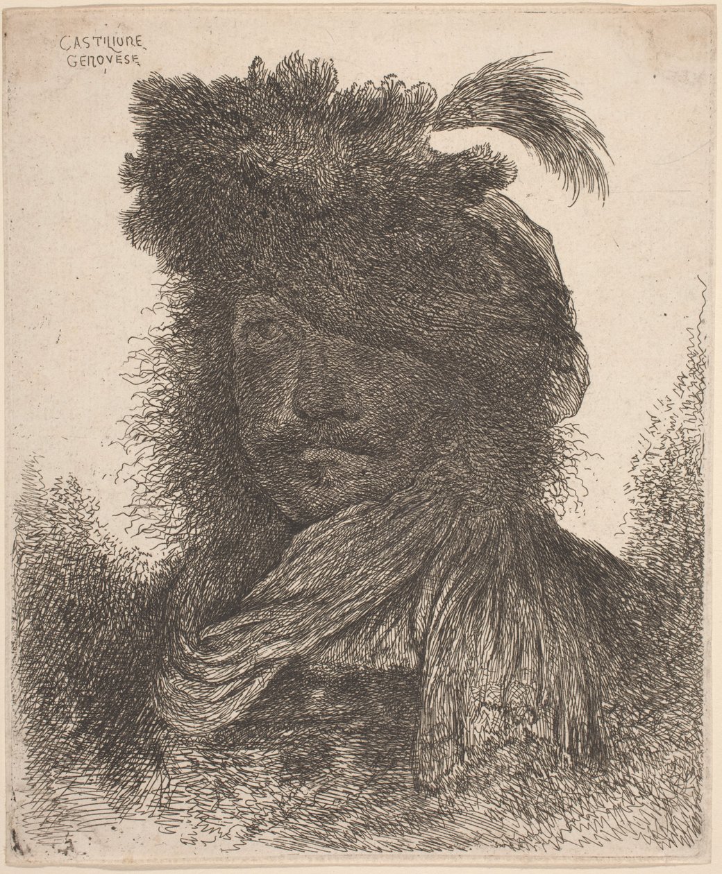 Hombre barbudo con rostro sombreado, con bufanda y sombrero con pluma de Giovanni Benedetto Castiglione