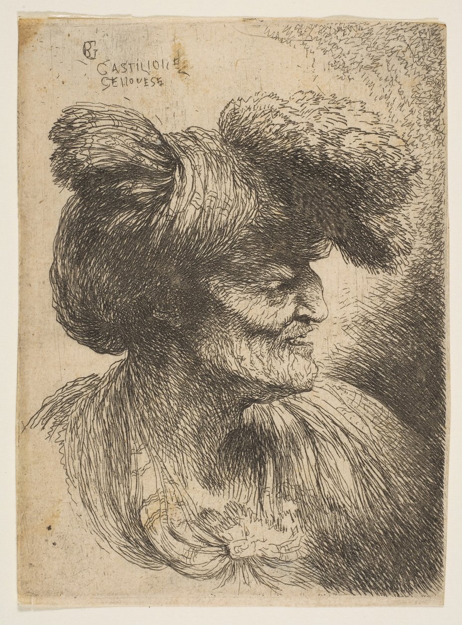 Busto de anciano sin barba de perfil mirando a la derecha, de la serie de Cabezas Pequeñas de Giovanni Benedetto Castiglione