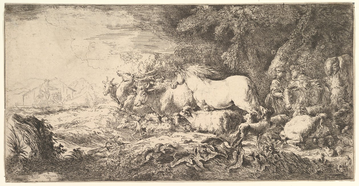 Entrada de los animales en el arca de Noé, tres hombres siguen cuadrúpedos y aves caminando, ca. 1650-55 de Giovanni Benedetto Castiglione