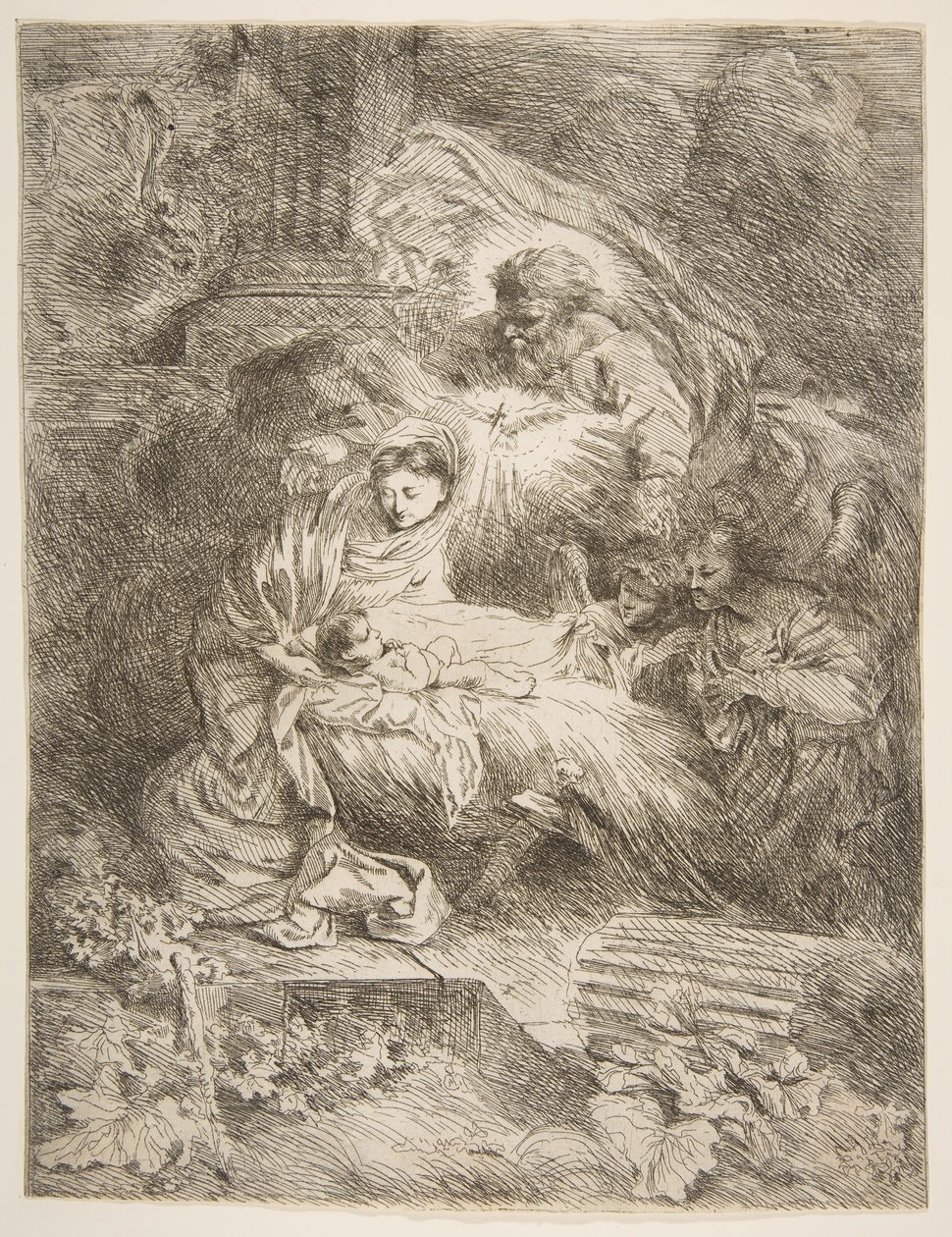 Dios Padre observando a la Virgen y el Niño, ángeles a la derecha de Giovanni Benedetto Castiglione