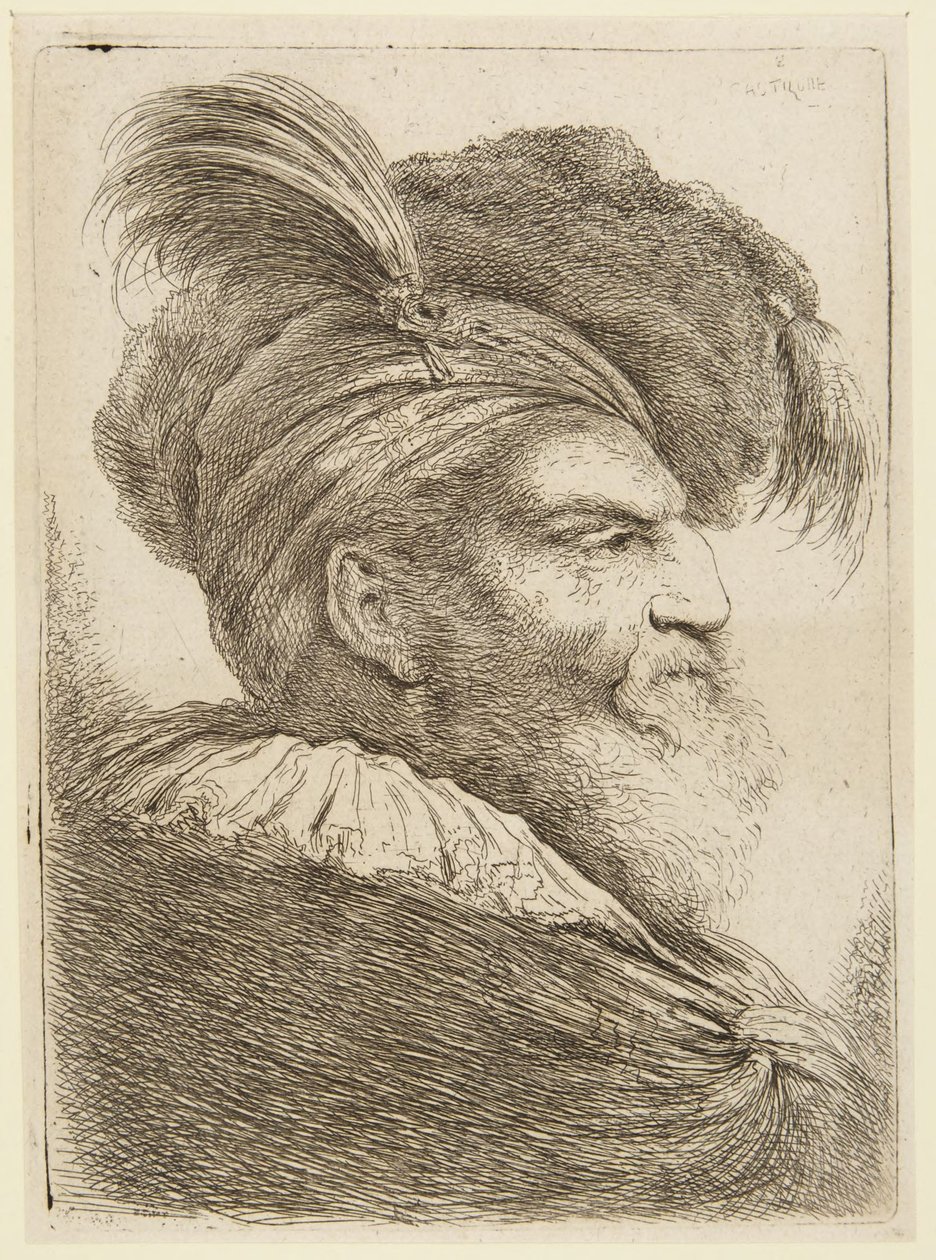 Cabeza de un hombre barbudo con sombrero emplumado de Giovanni Benedetto Castiglione