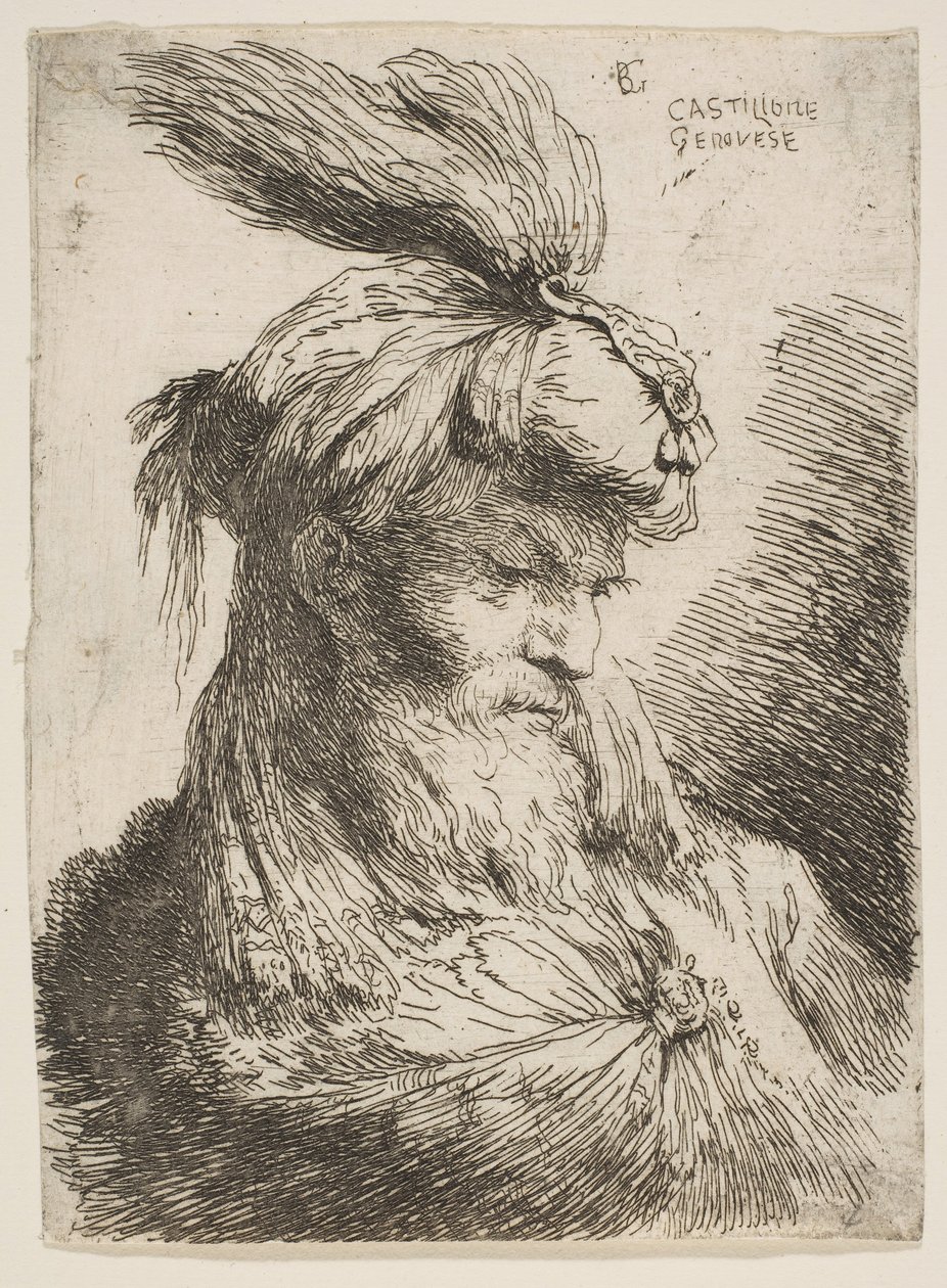 Cabeza de un hombre barbudo con turbante mirando a la derecha, de la serie de Pequeñas Cabezas..., ca. 1645-1650 de Giovanni Benedetto Castiglione