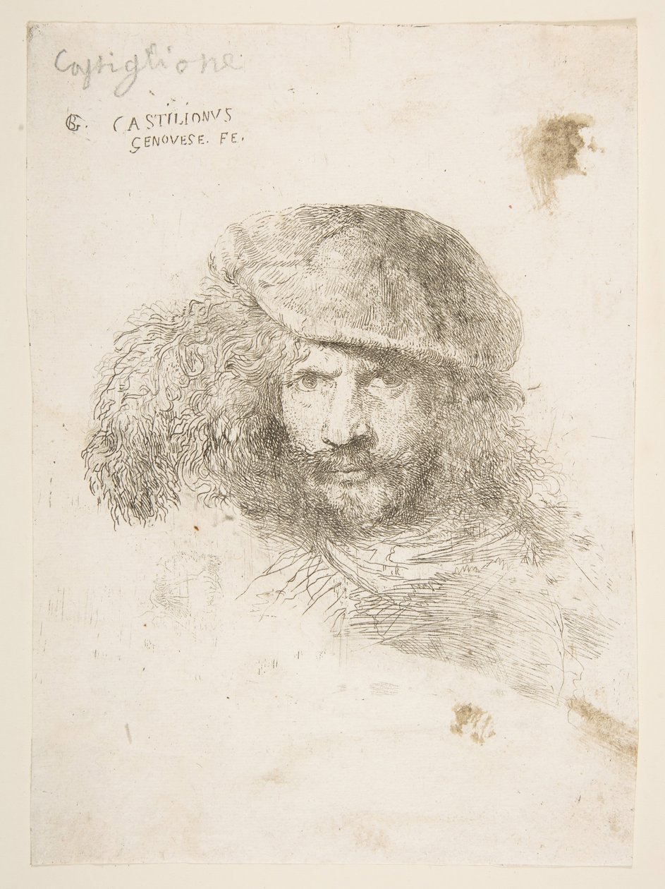 Cabeza de un hombre con un gorro con plumas posiblemente Bernini, posiblemente un autorretrato, ca. 1645-1650 de Giovanni Benedetto Castiglione