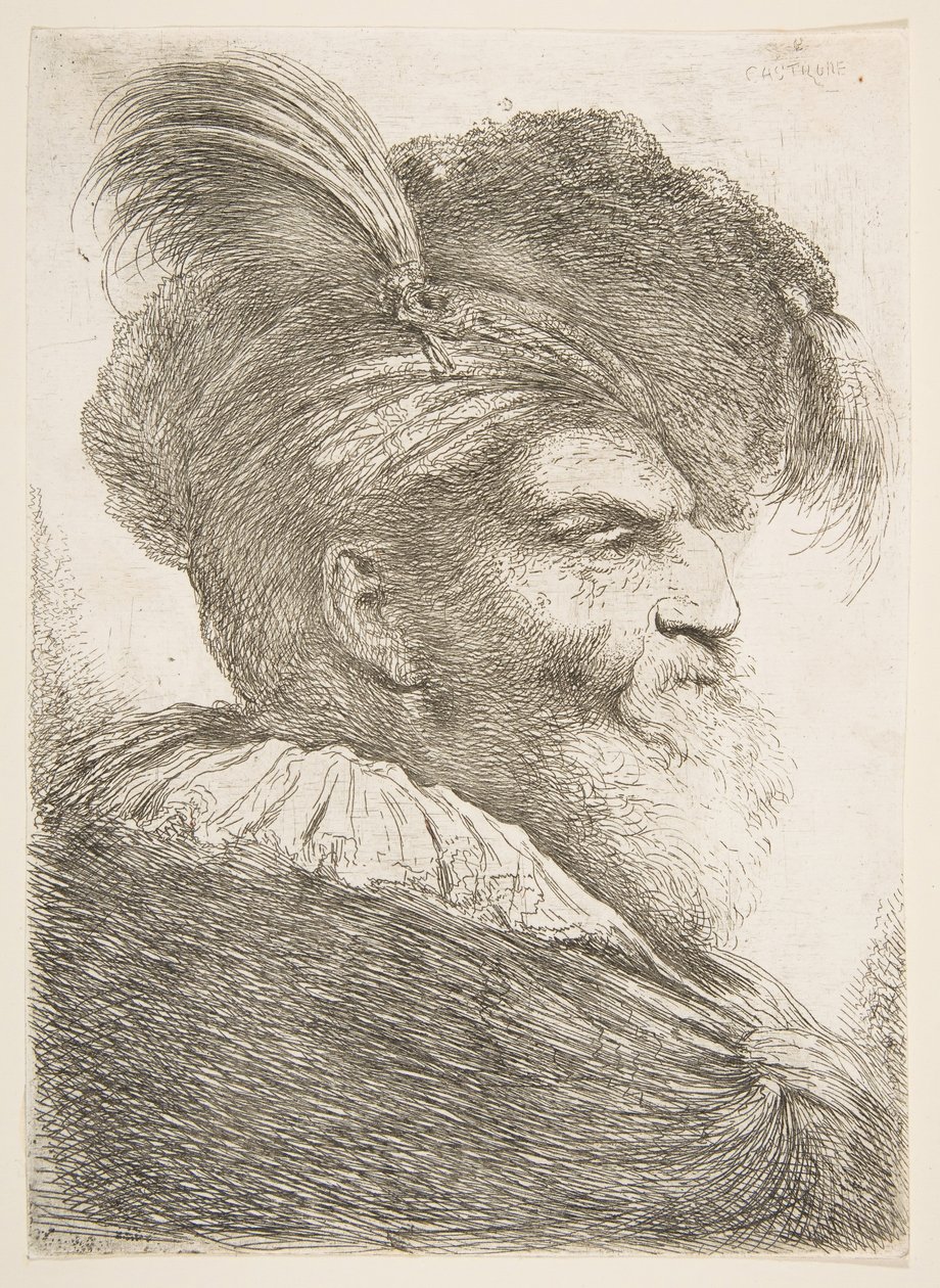 Cabeza de un anciano mirando a la derecha, de la serie de Grandes Cabezas Orientales, ca. 1645-1650 de Giovanni Benedetto Castiglione