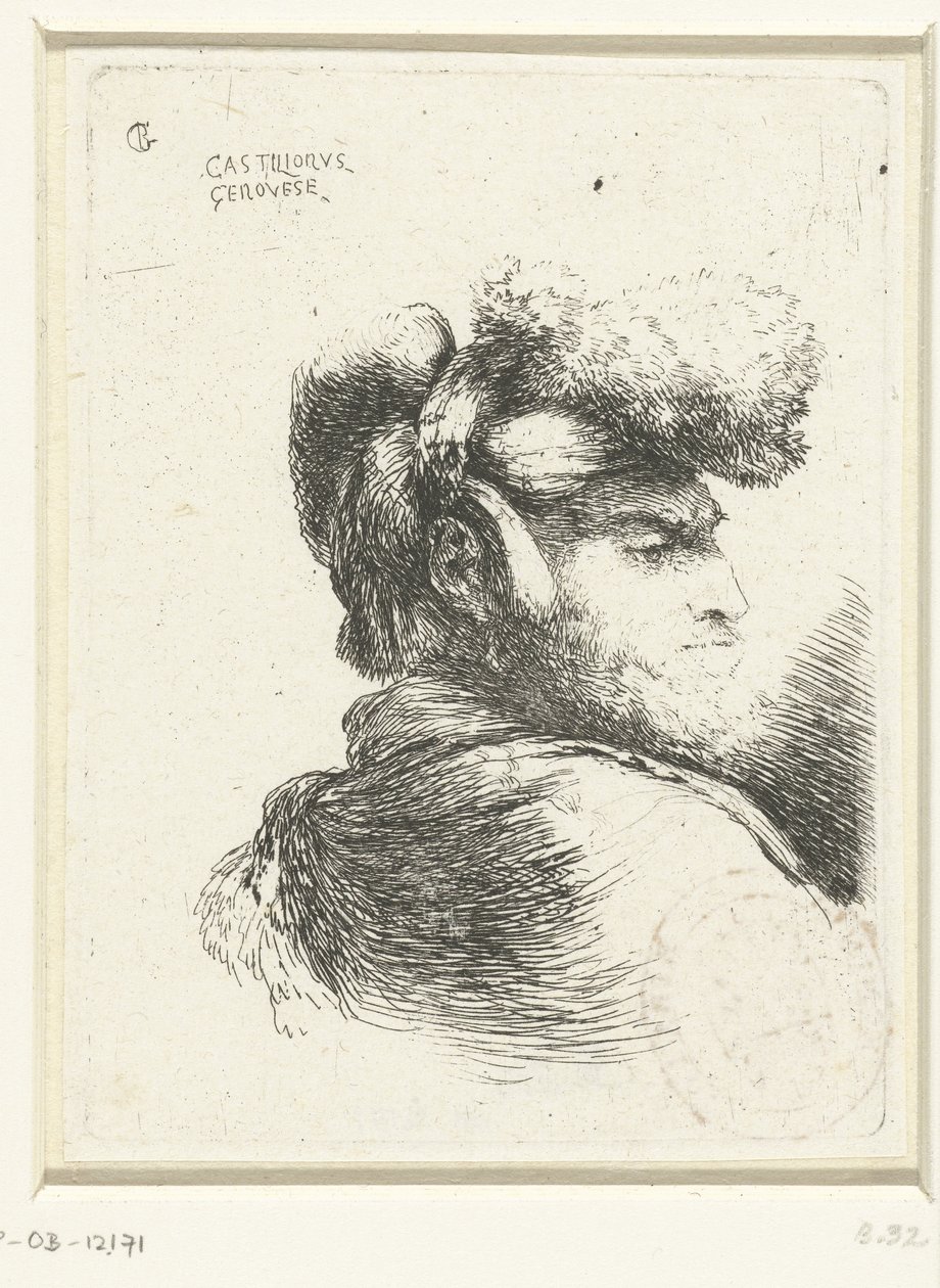 Cabeza de un hombre con un tocado adornado con pieles
Pequeño estudio de cabezas con tocados orientales (título de la serie) de Giovanni Benedetto Castiglione