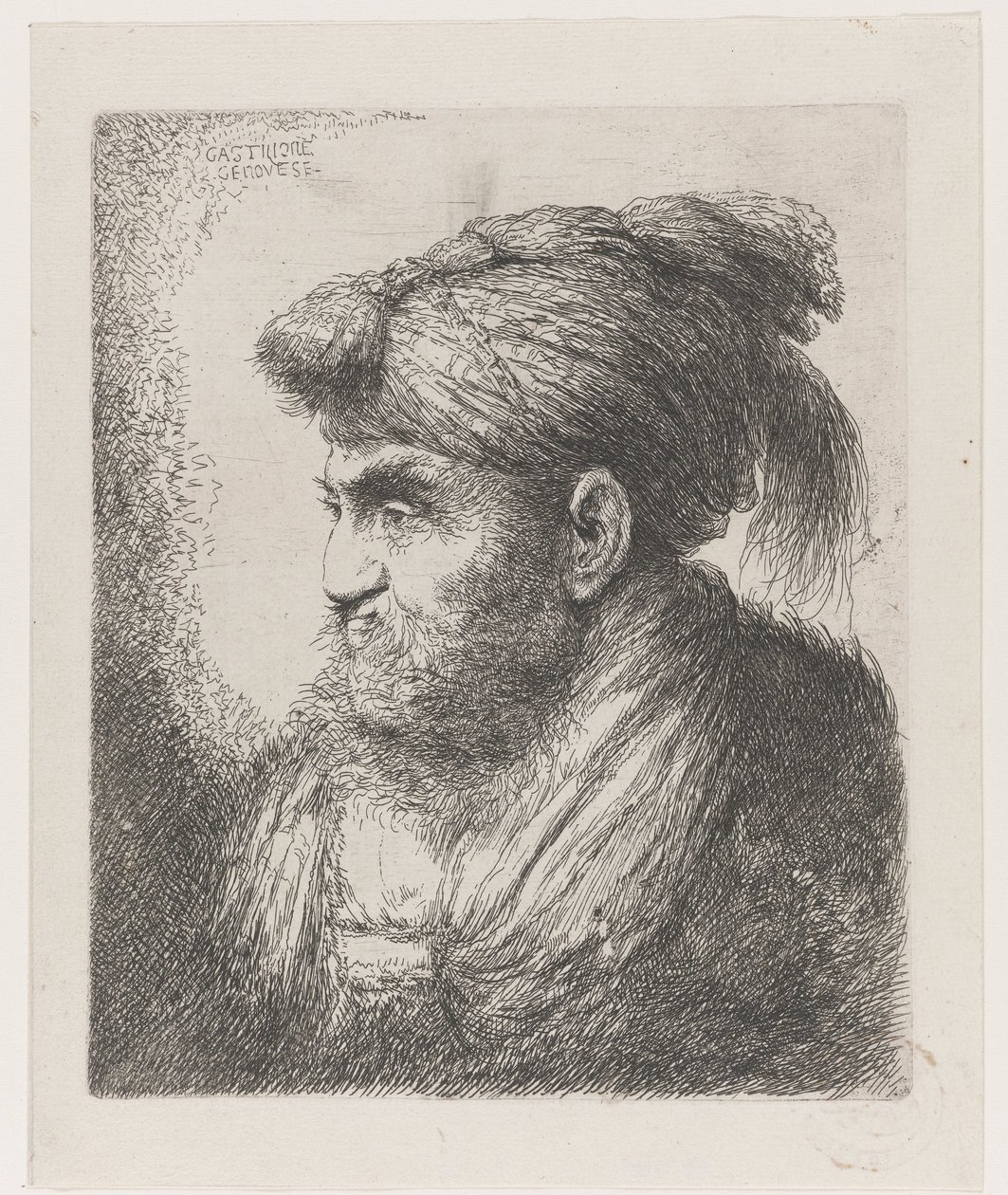 Cabeza de un hombre con turbante con borla
Gran estudio de cabezas con tocados orientales (título de la serie) de Giovanni Benedetto Castiglione