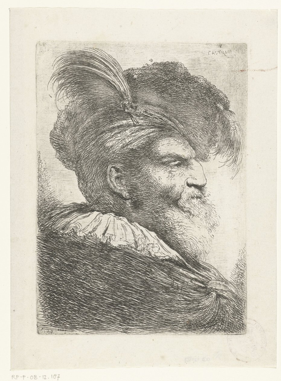 Cabeza de hombre con turbante y sombrero de piel
Gran estudio de cabezas con tocados orientales (título de la serie) de Giovanni Benedetto Castiglione