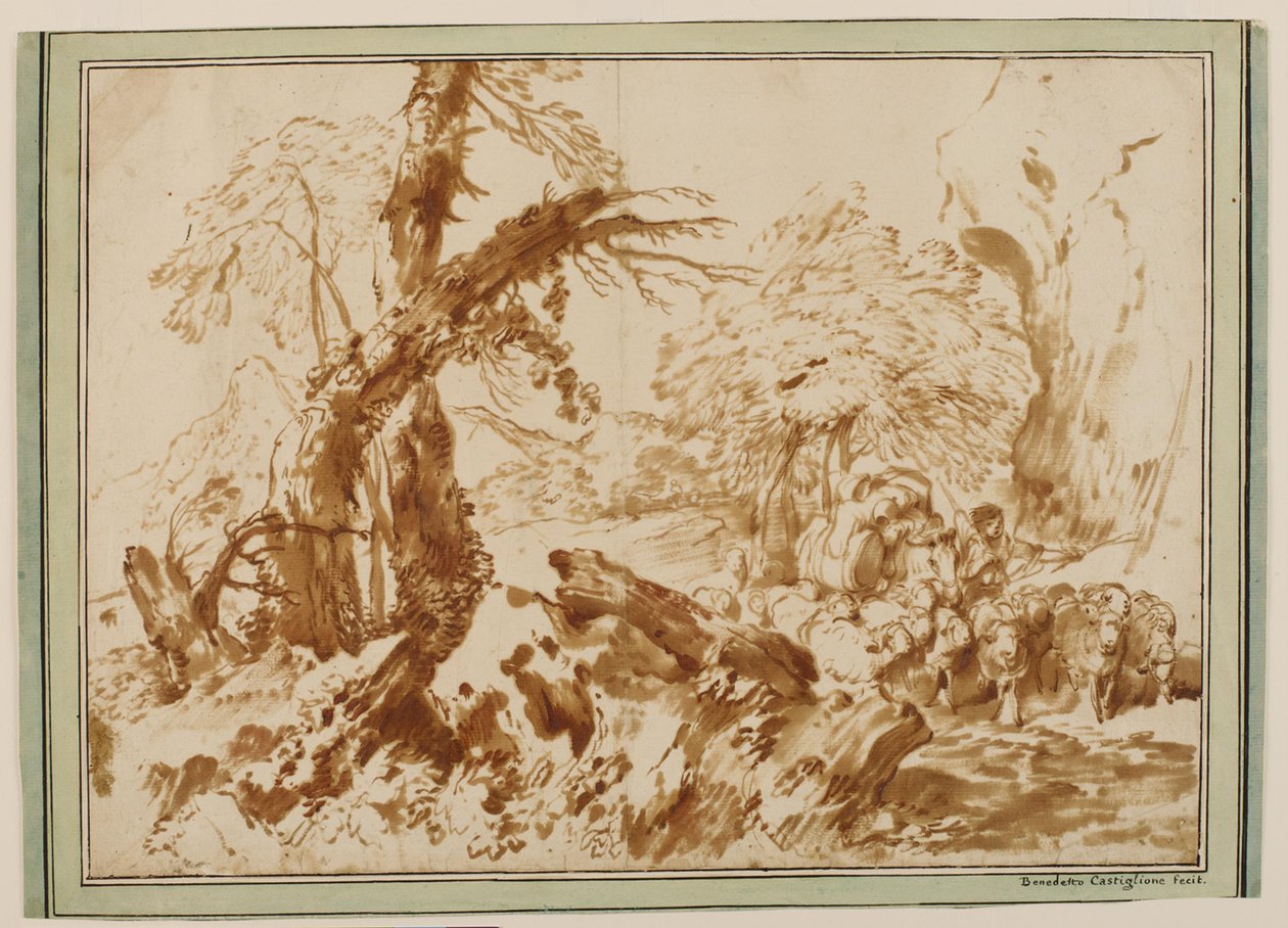 Paisaje con un rebaño de ovejas, guiado por un pastor que conduce a una mula cargada de Giovanni Benedetto Castiglione