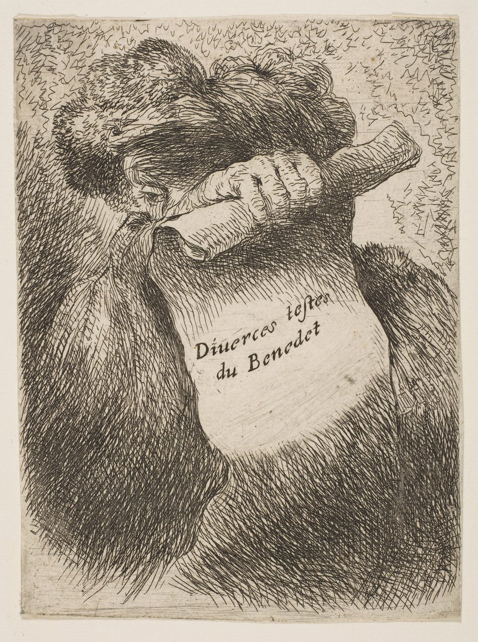 Hombre sosteniendo un pergamino frente a su rostro, de la serie de Pequeñas Cabezas en Ori..., ca. 1645-1650 de Giovanni Benedetto Castiglione