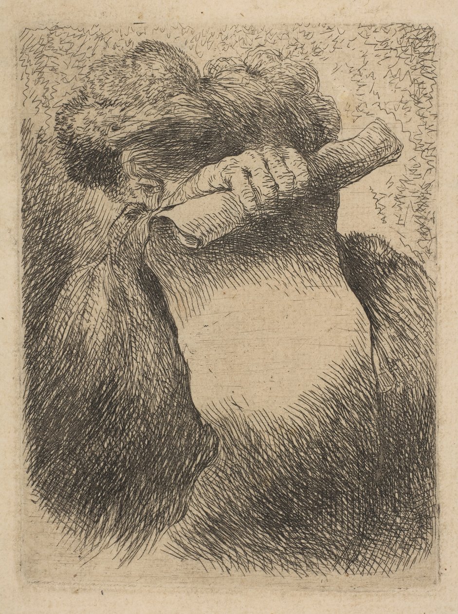 Hombre sosteniendo un pergamino frente a su cara, de la serie de Cabezas Pequeñas en Oriental de Giovanni Benedetto Castiglione
