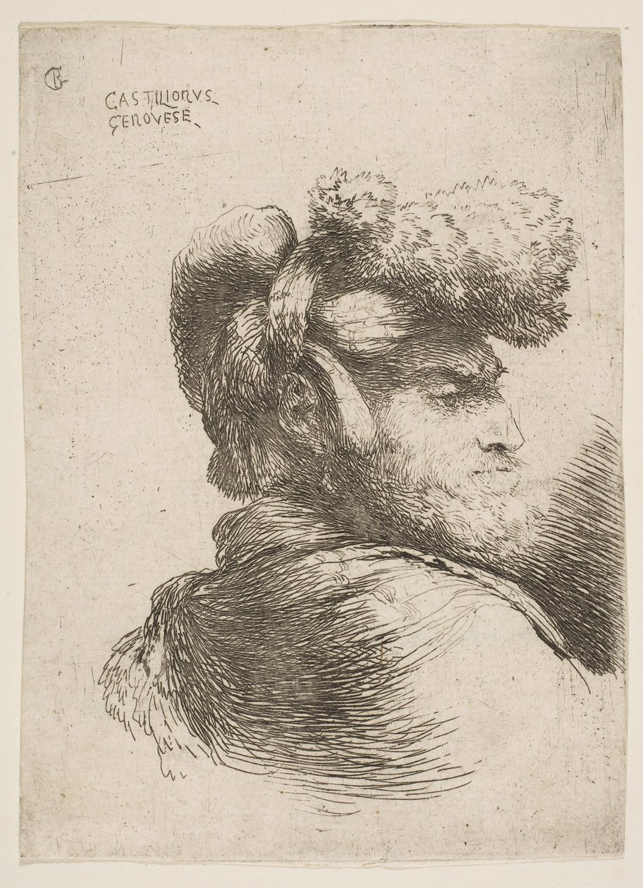 Hombre de perfil mirando a la derecha, con sombrero de piel, de la serie de Pequeñas Cabezas de Giovanni Benedetto Castiglione
