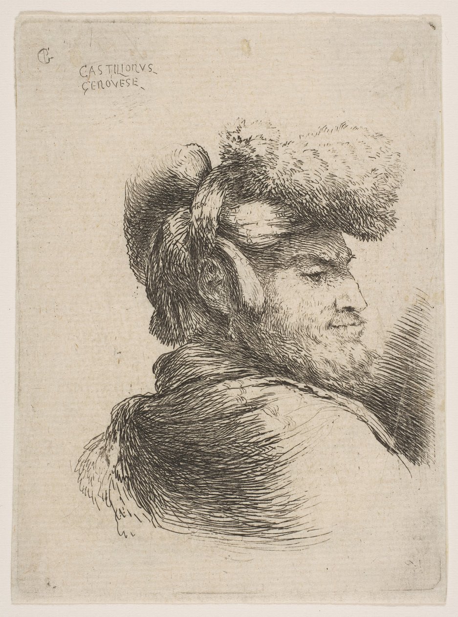 Hombre de perfil mirando a la derecha, con sombrero de piel, de la serie de Cabezas Pequeñas en Oriente, ca. 1645-50 de Giovanni Benedetto Castiglione