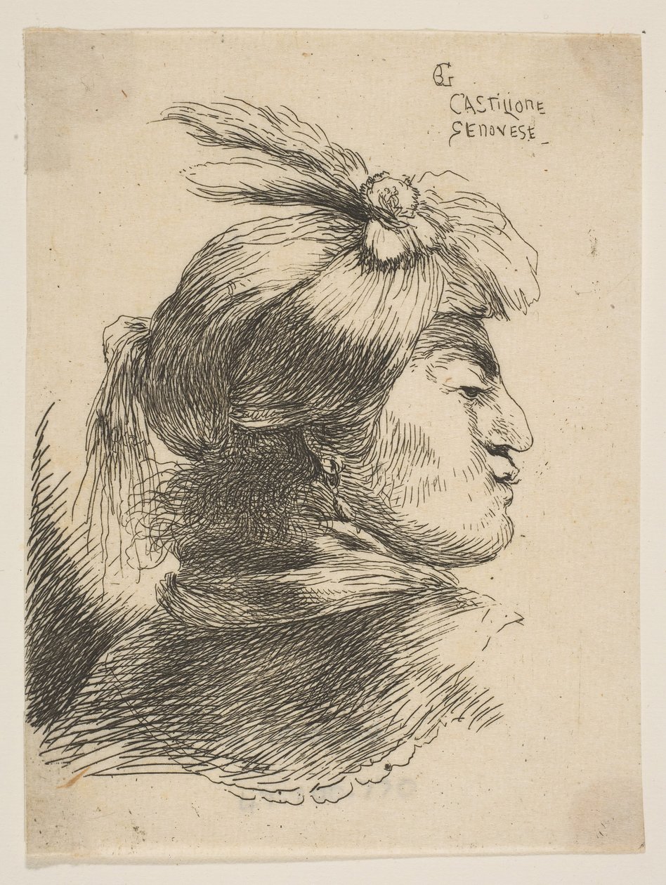 Hombre con un pequeño turbante adornado con plumas y cinta, mirando a la derecha, de..., ca. 1645-1650 de Giovanni Benedetto Castiglione