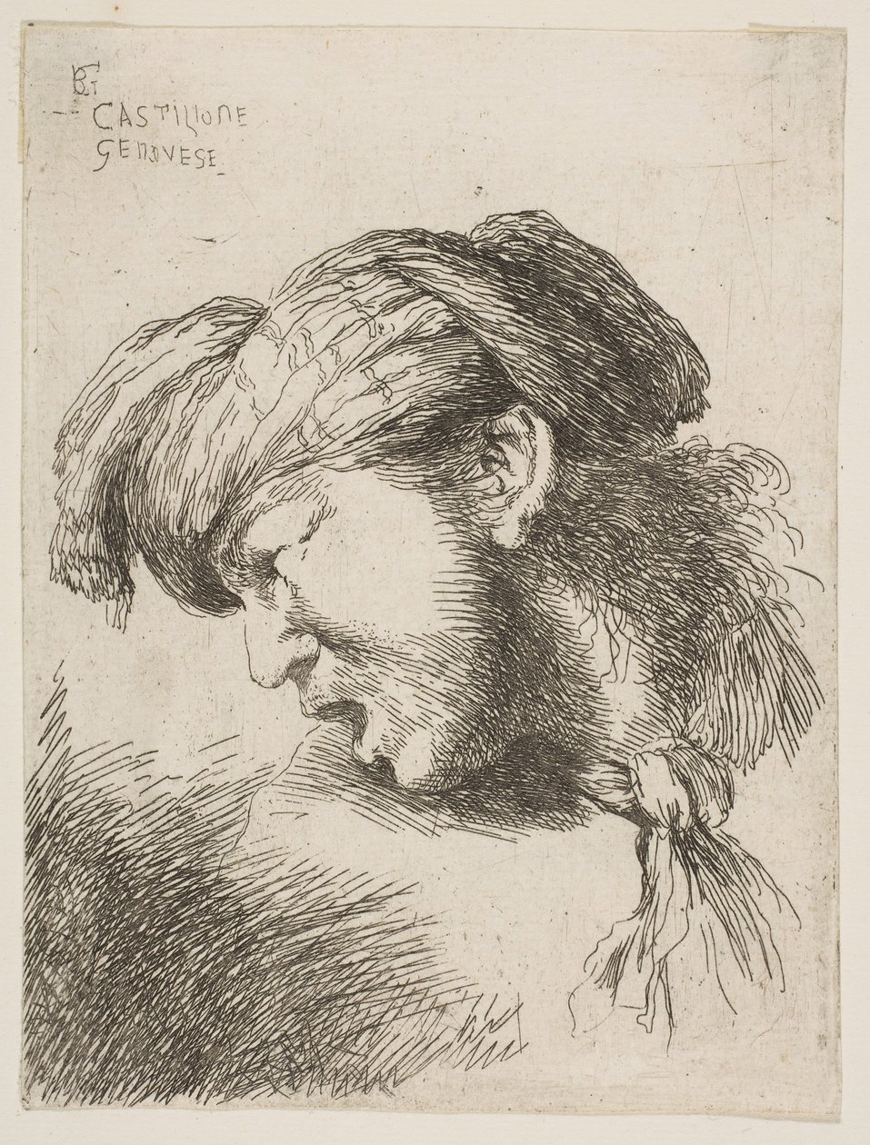 Hombre con turbante, una corbata atada alrededor de su cuello, mirando a la izquierda, de la serie de..., 1645-1650 de Giovanni Benedetto Castiglione