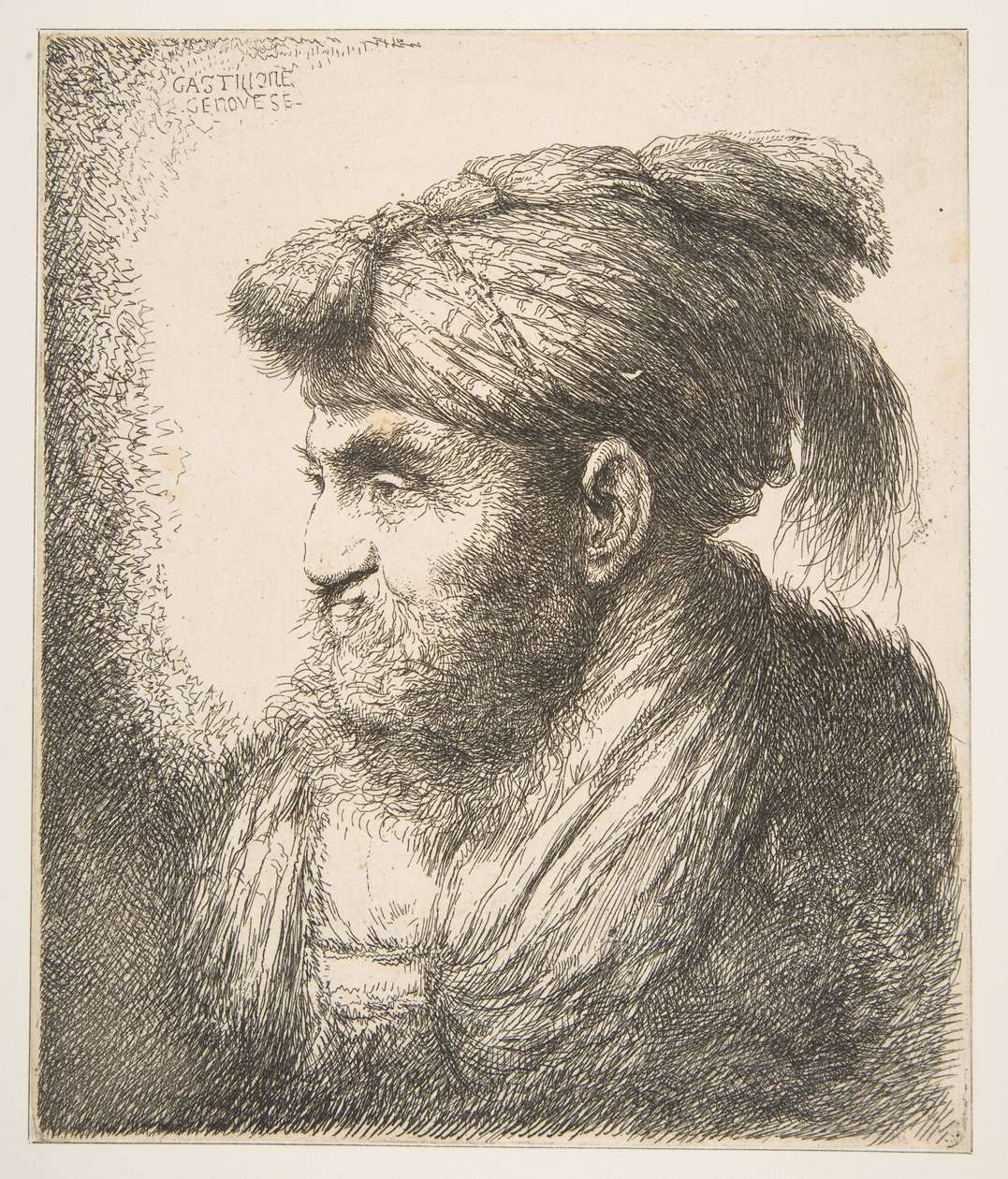 Hombre con turbante mirando a la izquierda, de la serie de Grandes Cabezas Orientales, ca. 1645-50 de Giovanni Benedetto Castiglione